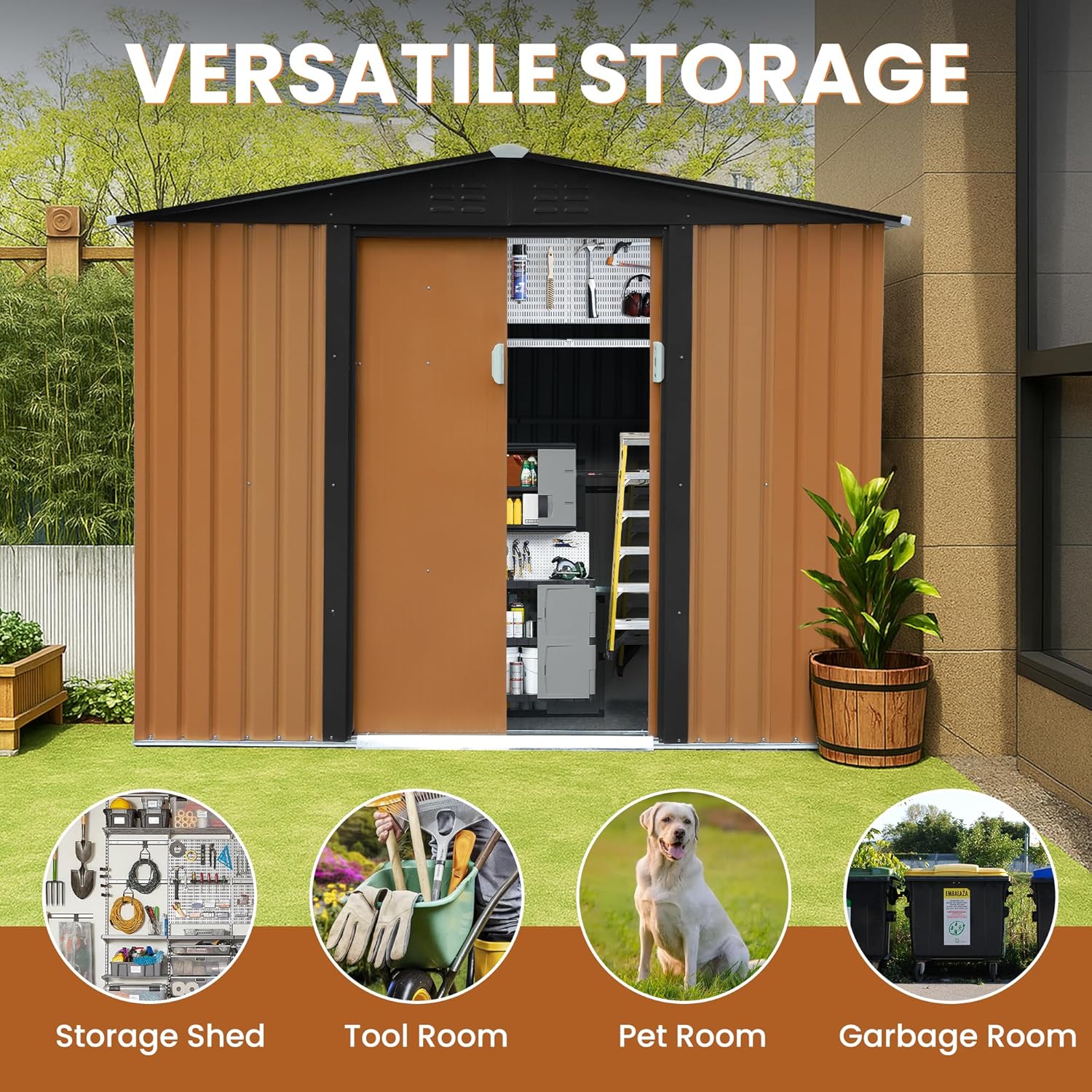 8x6 FT Outdoor Storage Shed with Updated Frame & Lockable Door, No Floor Metal Garden Shed for Tool & Bike Storage, All-Weather Steel Shelter for Backyard, Coffee