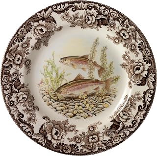 Spode Woodland Trout Dinner Plate - Nature-Inspired Fish Design with British Flowers Border, 10.5" Fine Earthenware Tableware - Dishwasher, Microwave, Freezer, Oven Safe - Made in England