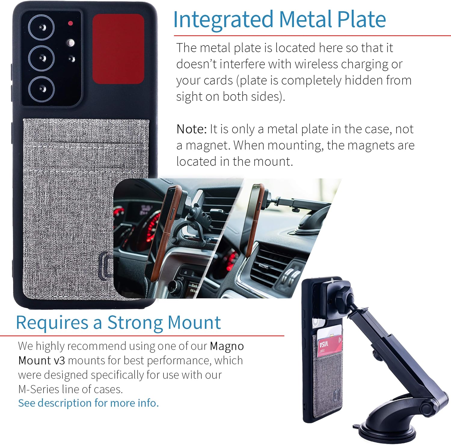 Dockem Wallet Case for Galaxy S21 Ultra: Hidden Metal Plate for Magnetic Mounting with Canvas Style Synthetic Leather, 2 Card Holder Slots: Luxe M2T, 6.8" [Black/Grey] - Image 3