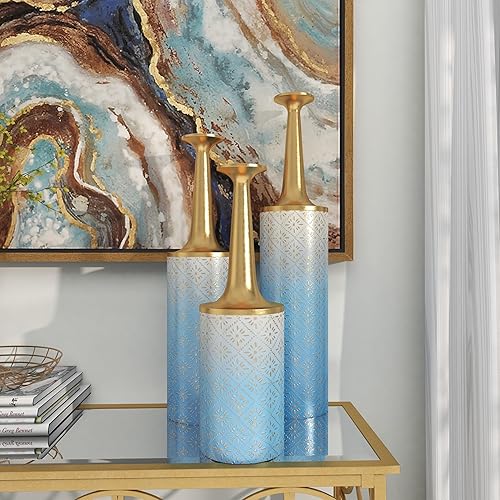 Miniatura 6 de Deco 79 Jarrones decorativos de metal con parte superior dorada, juego de 3 jarrones de flores para decoración del hogar de 27 pulgadas, 24