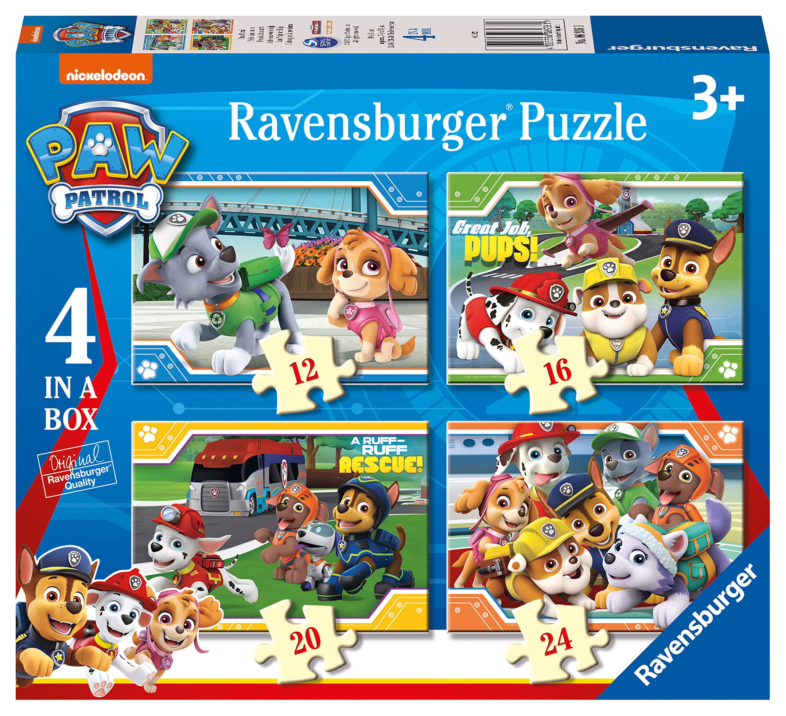 Ravensburger Paw Patrol 4 in Box Jigsaw Puzzles for Kids Age 3 Years Up - 12, 16, 20 & 24 Pieces - Gifts for Kids