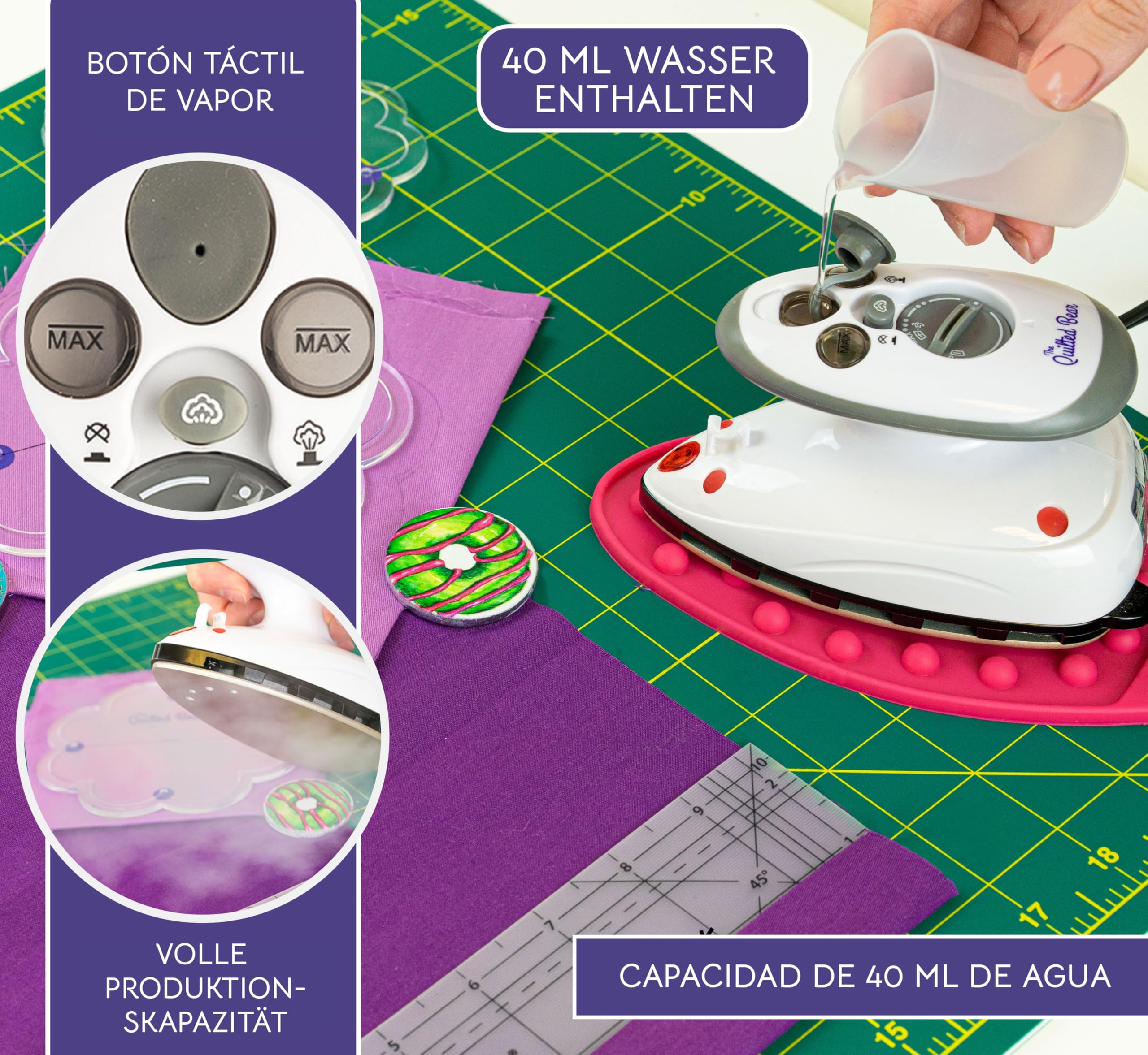 The Quilted Bear Mini Plancha para planchar – Plancha de viaje con cerámica vapor y termostato – Pequeño vaporizador de viaje para coser, artesanía o transferencia (carcasa negra)