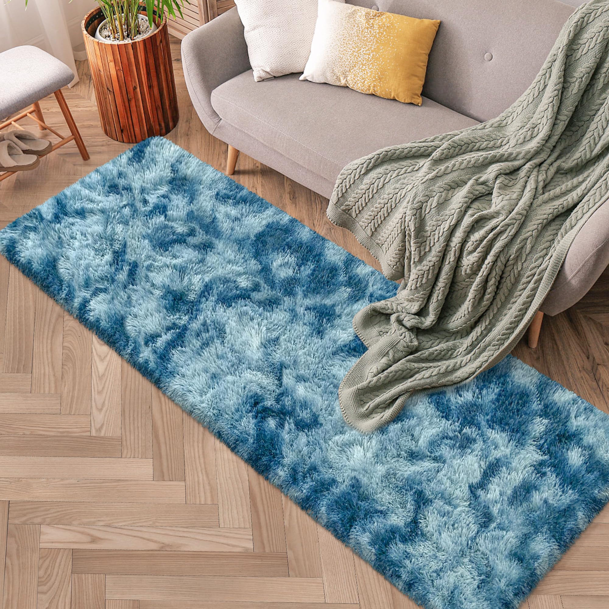 TENNOLA 2x6 ft Soft Blue Runner Rugs for Bedroom Living Room Blue Fluffy Rug Plush Shag Carpet Non Slip Washable for Nursery Dorm Fuzzy Bedside Rug