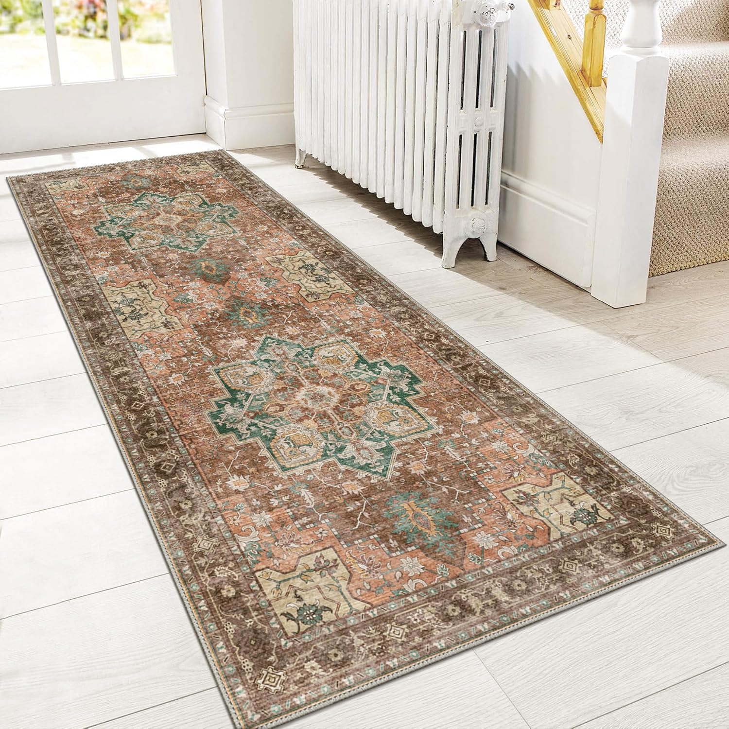 GENIMO 2'6"x8 Runner Rugs for Hallway, Machine Washable Non Slip Vintage Rugs, Low Pile Lightweight Soft Print Rug for enrtyway, Corridor, Home Office, Kitchen, Rosewood