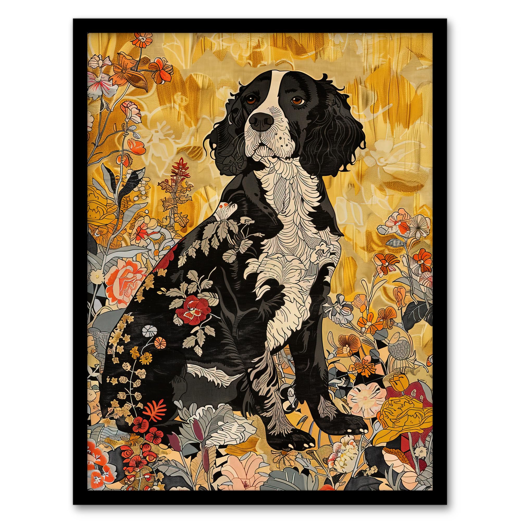 Artery8 Spaniel in Wildflowers Portrait Floral Animal Living Room Artwork Framed Wall Art Print A4