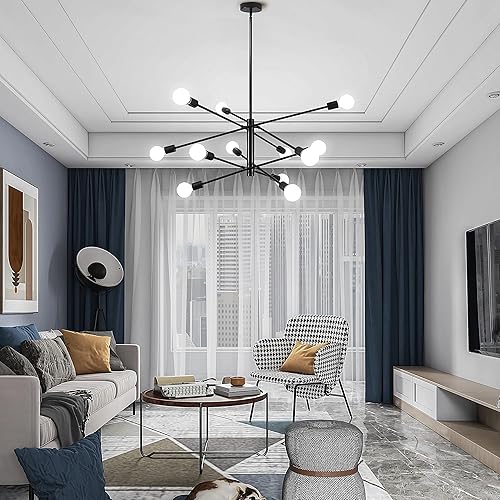Miniatura 2 de Candelabros Sputnik negros modernos, lámpara de mediados de siglo de 12 luces, lámpara colgante de longitud ajustable para comedor, dormitorio, sala