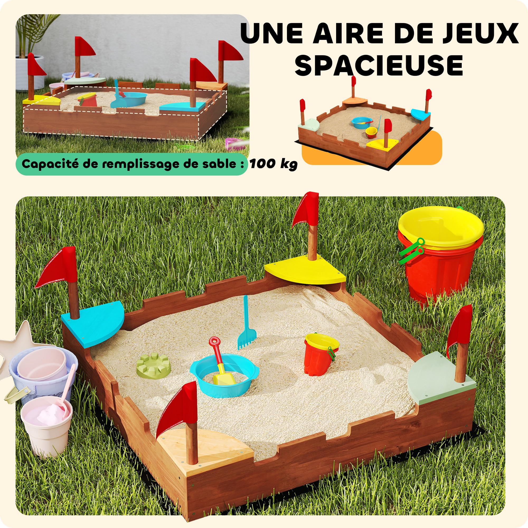 AIYAPLAY Bac à Sable en Bois avec sièges 90 x 90 x 17 cm, Marron | Pour enfants 3-7 ans, drapeaux, thème de la muraille