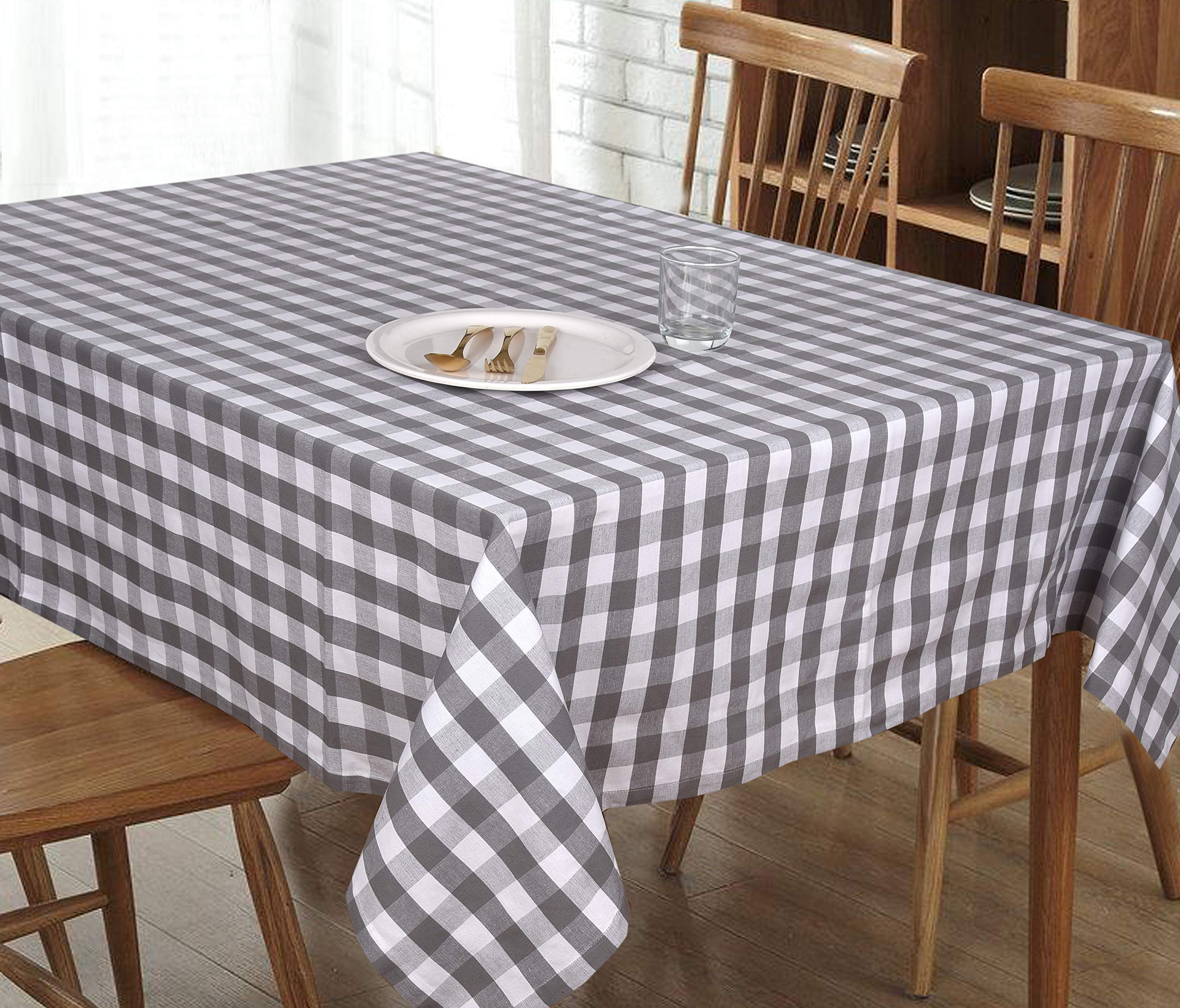 Urban VillaBuffalo Check - Grey/White Color - Table Cloth - 100% Cotton - Size 60 by 84 Inches - Seats 6 to 8 People - Perfect For Everyday Use or Family Dinners or Indoor or Outdoor Parties