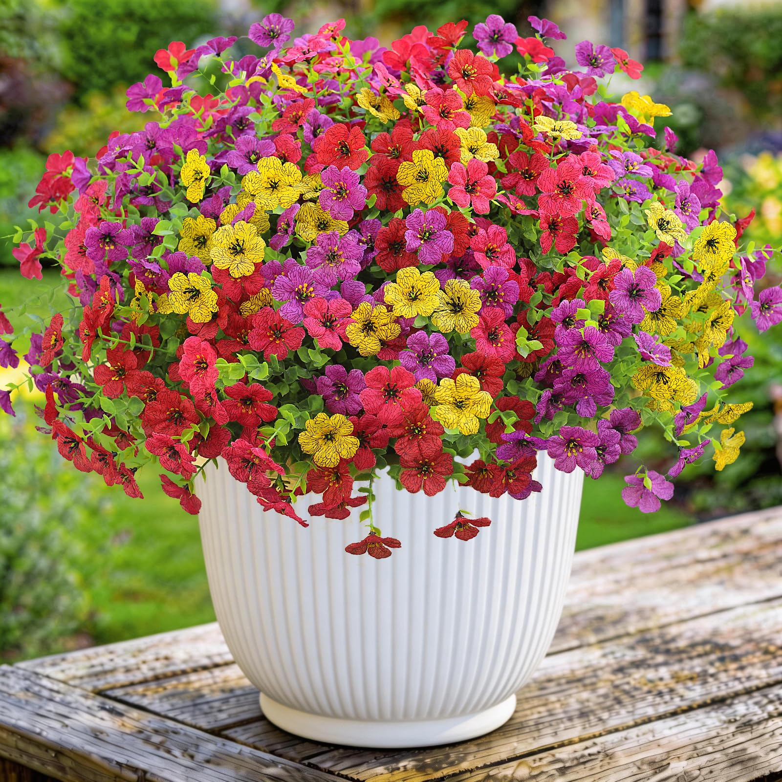 12 Bundles Artificial Flowers for Outdoor Indoor UV Resistant Fake Plants Silk Flowers Faux Violet Flower Eucalyptus Leaf for Hanging Basket Outside Home Garden Planter Porch Patio Yard Decor