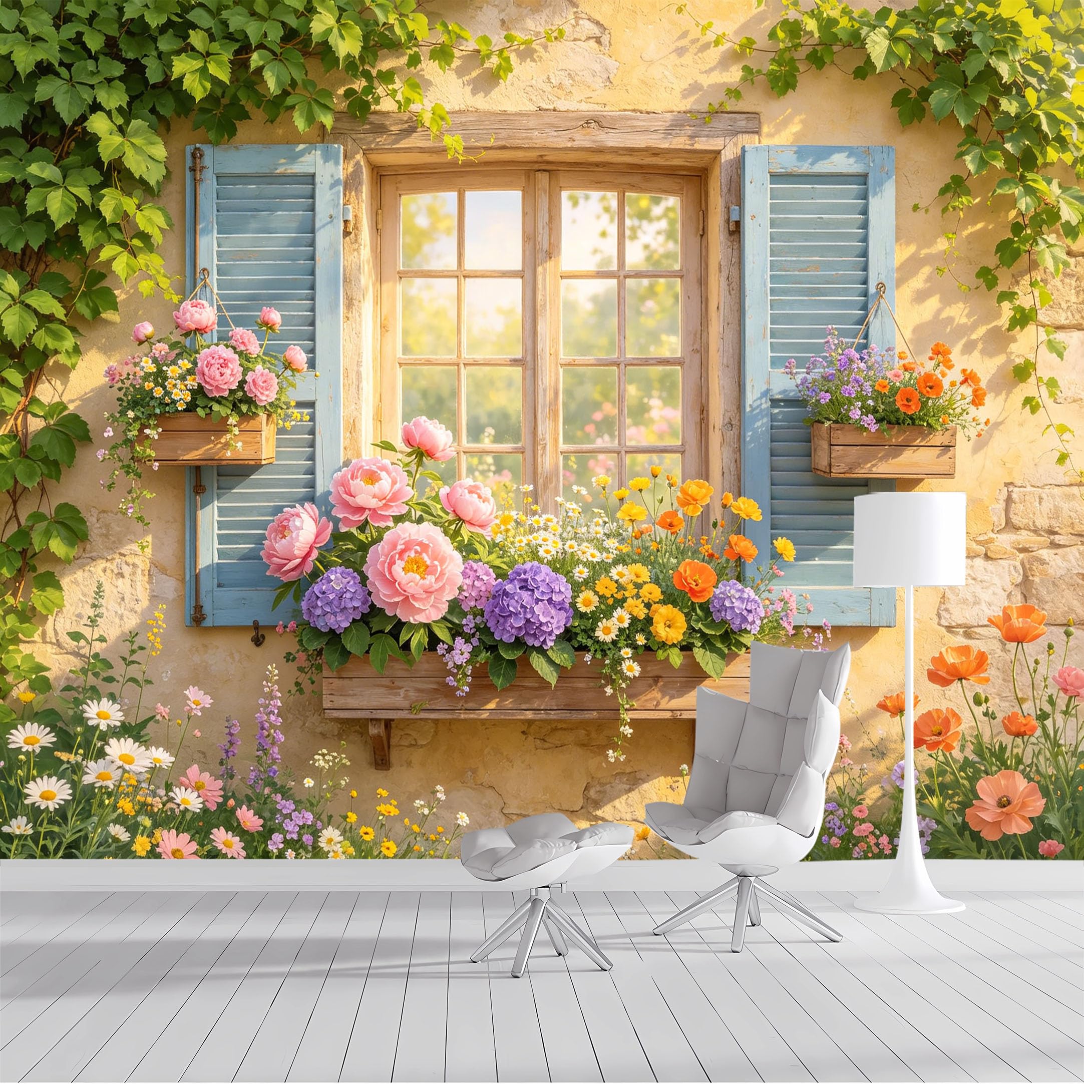 Custom Size Wall Mural Provence Floral Window Garden European Classic Pastoral Watercolor SelfAdhesive Wall Fabric Removable Peel and Stick Wallpaper for Living Room Bedroom Bathroom