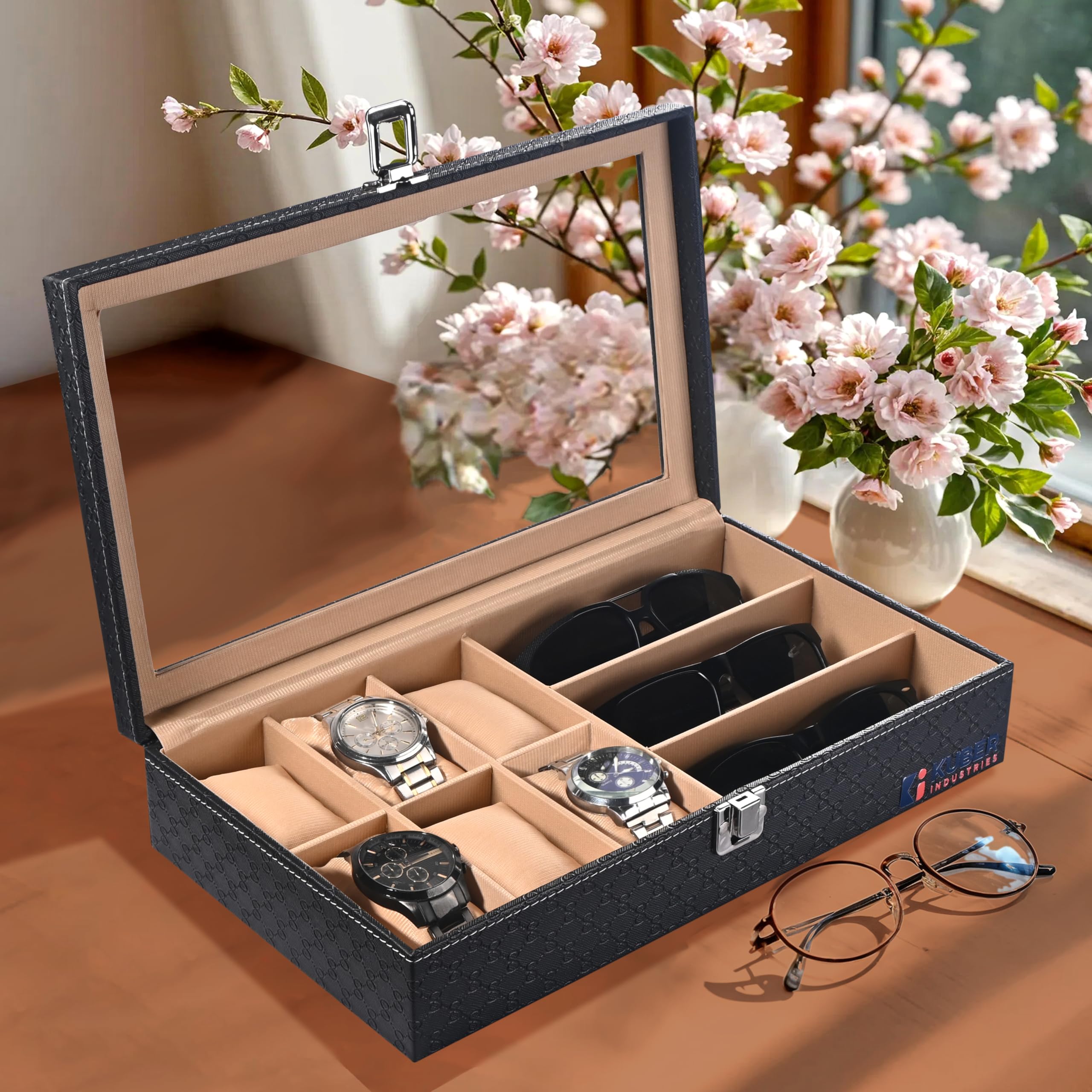 Kuber Industries Scatola organizer per orologi da polso in finta pelle di alta qualità, trasparente, con 6 + 3 scomparti, per uomini e donne, per occhiali da sole, da collezione, colore: nero e oro