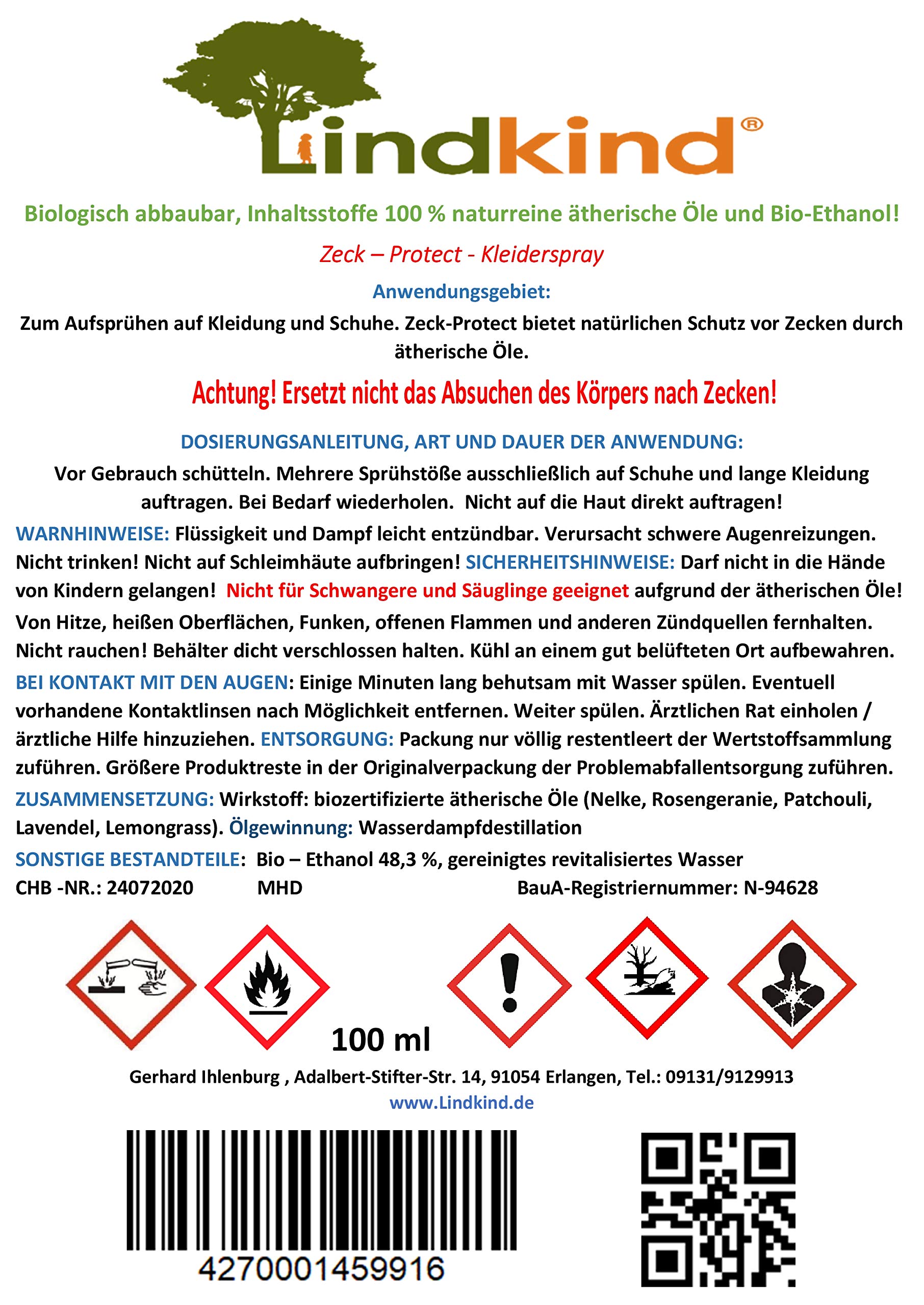 Zeck - Protect Anti Zecken - Spray 100 ml Zeckenspray Kleiderspray Zeckenmittel aus Bio - Produkten Kunststoffflasche Waldkindergarten