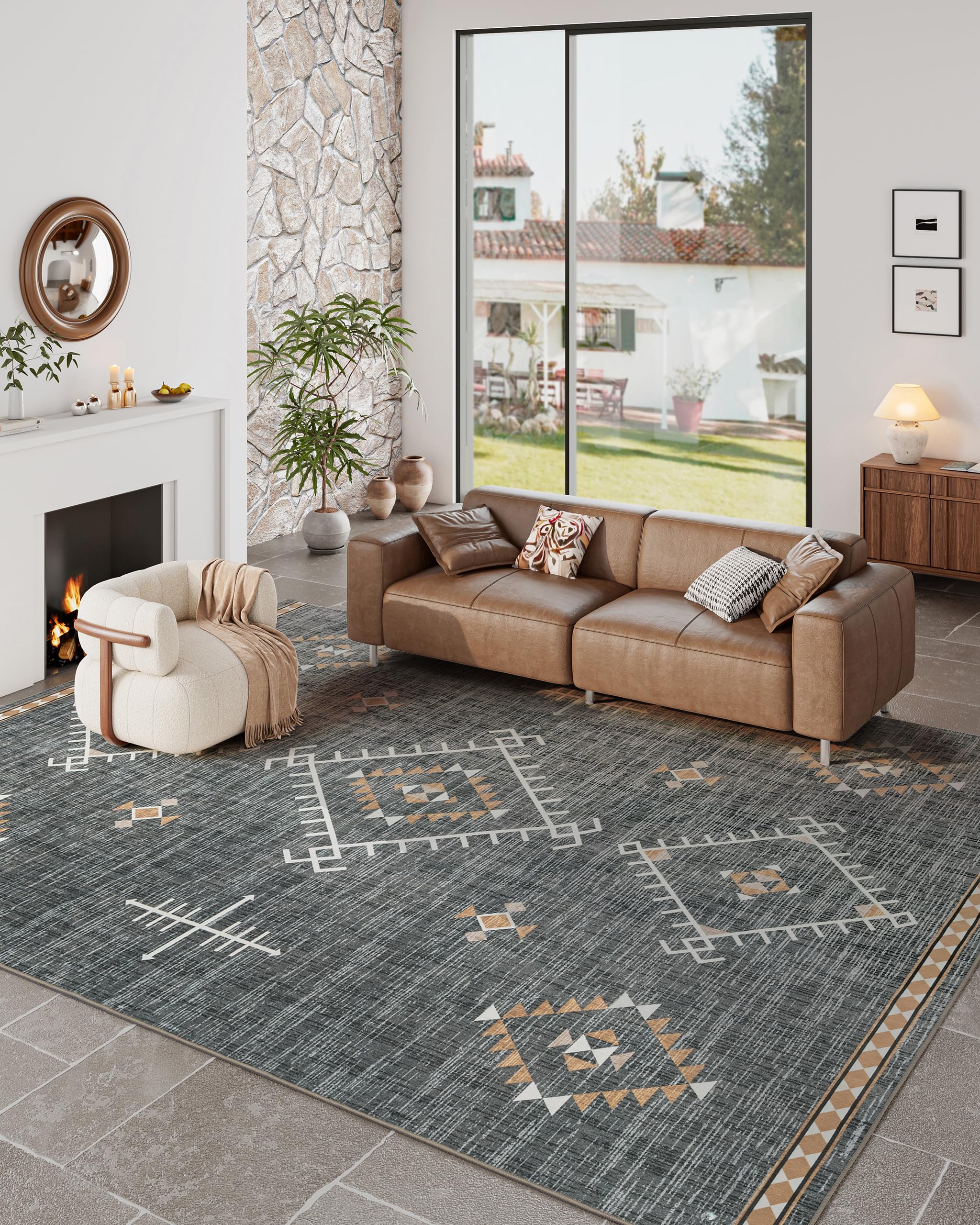 ILANGO Area Rug 8'x10' for Living Room Bedroom Washable Moroccan Boho Rugs for High Traffic Area Non Slip & Non-Shedding Rugs Fade Resistant Carpet for Kitchen Office (Dark Grey)