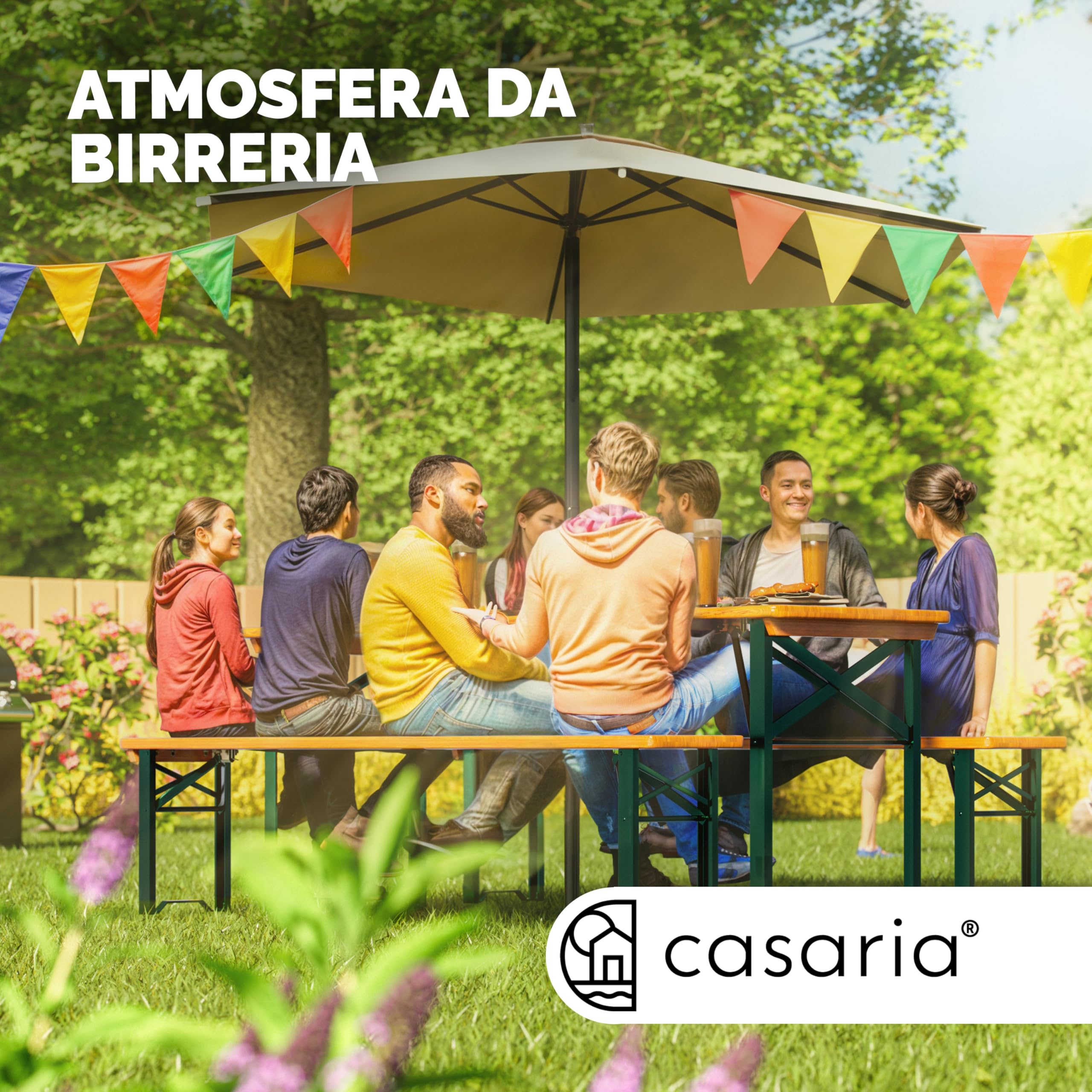 Casaria Pieghevole Set Tavolo da Birreria 170cm con Foro Ombrellone 2x Panche in Legno da Giardino