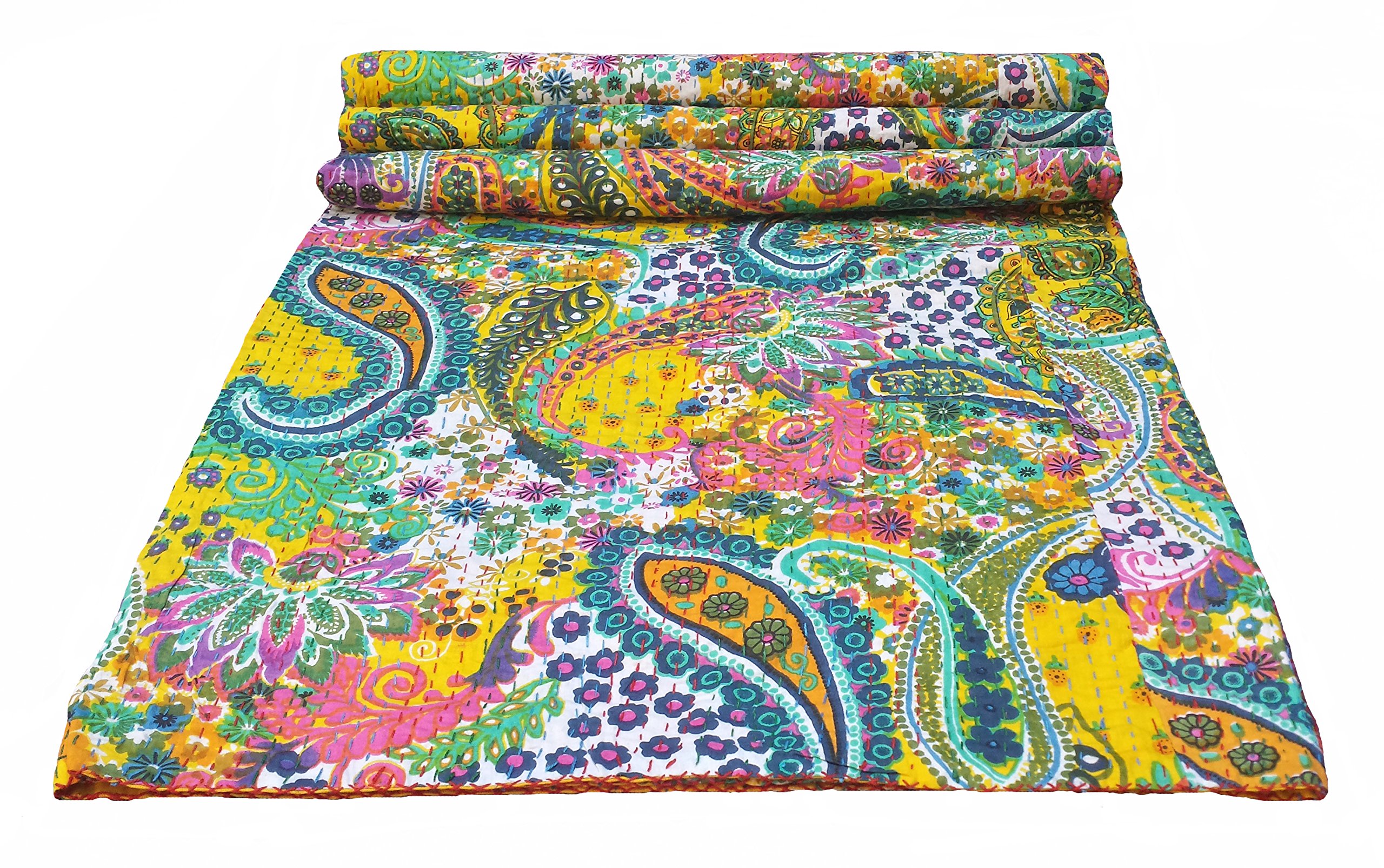 Sophia-Art Multicolor Paisley Print King Size Kantha Quilt, Kantha Blanket, Bed Cover, King Kantha Bedspread, Bohemian Bedding Kantha Size 90 Inch x 108 Inch