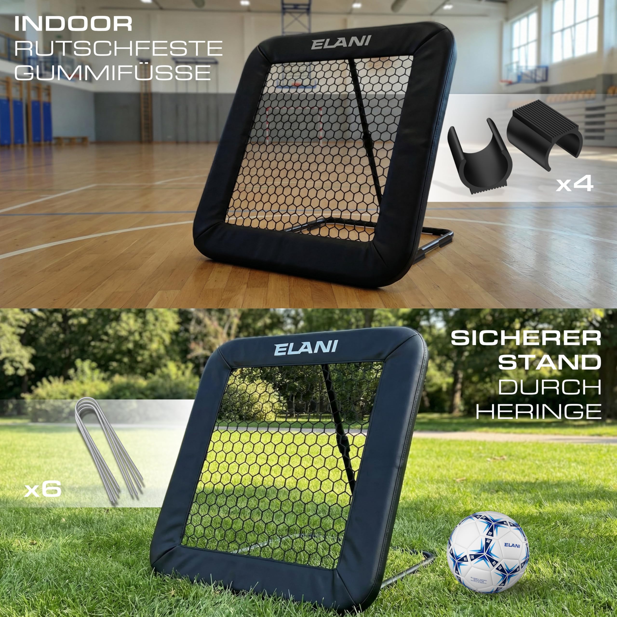 ELANI - Rebounder für Fußball mit Schutzrand & Heringen für sicheren Stand - Fussball Rebounder mit stabilem Rahmen - Tornetz - auch für Handball & Volleyball - Fußball