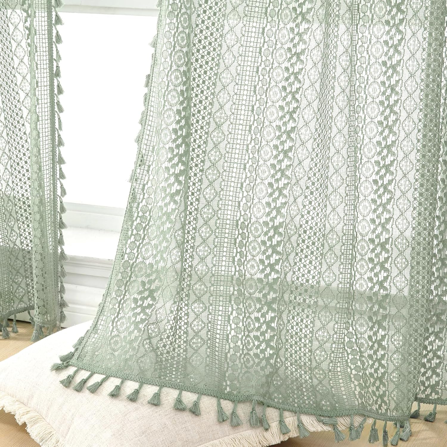 Light Green Curtains 84 Inch Length 2 Panels Rod Pocket Tassel Boho Crochet Lace Cotton Sheer Curtains See Through Privacy Spring Curtains for Living Room Bedroom 59"W x 84"L (Pack of 2) Sage Green