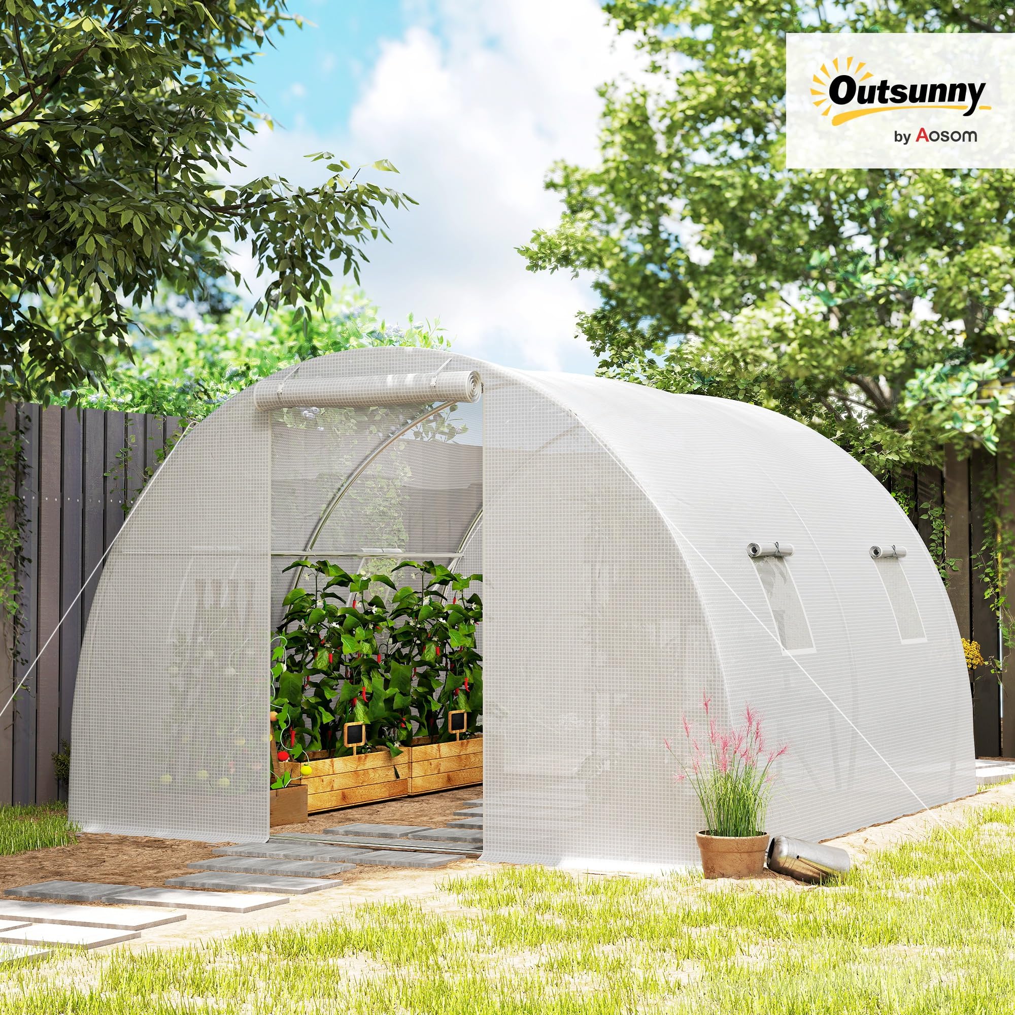 Outsunny Serre de Jardin Tunnel 9 m² 3L x 3l x 2H m - 4 fenêtres, Porte zippée Enroulable - châssis Tubulaire Acier galvanisé, bâche PE Haute densité Blanc