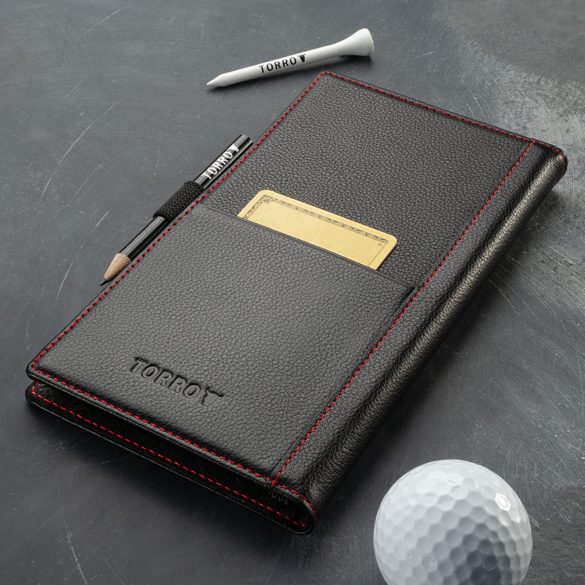 TORRO Large Golf Scorecard Holder - Genuine Leather Pro Golf Score Card Wallet with Card Slot and Pencil (Black with Red Detail) - Image 4