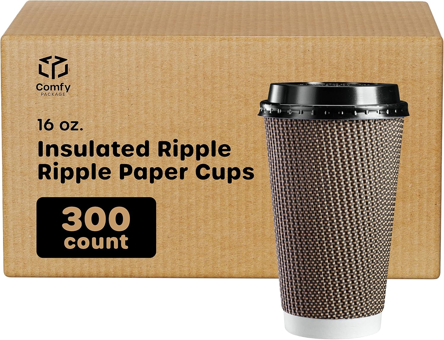 Comfy Package [Case of 250 16 oz. Insulated Brown Patterned Ripple Paper Hot Coffee Cups With Lids (Lids Color May Vary) - Ideal for Hot Beverages, Travel, and Office Use