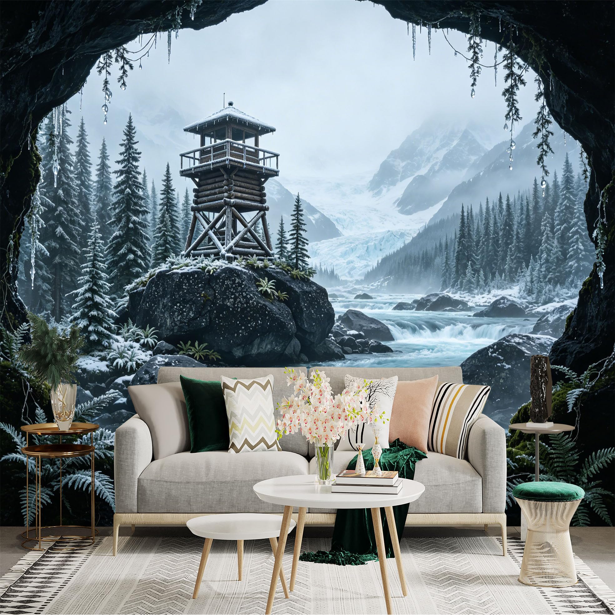 Custom Size Wall Sticker Mural， Snowy Mountain River Scene with Cabin and Pine Forest， for wall Decoration， peelandstick wall Decals.