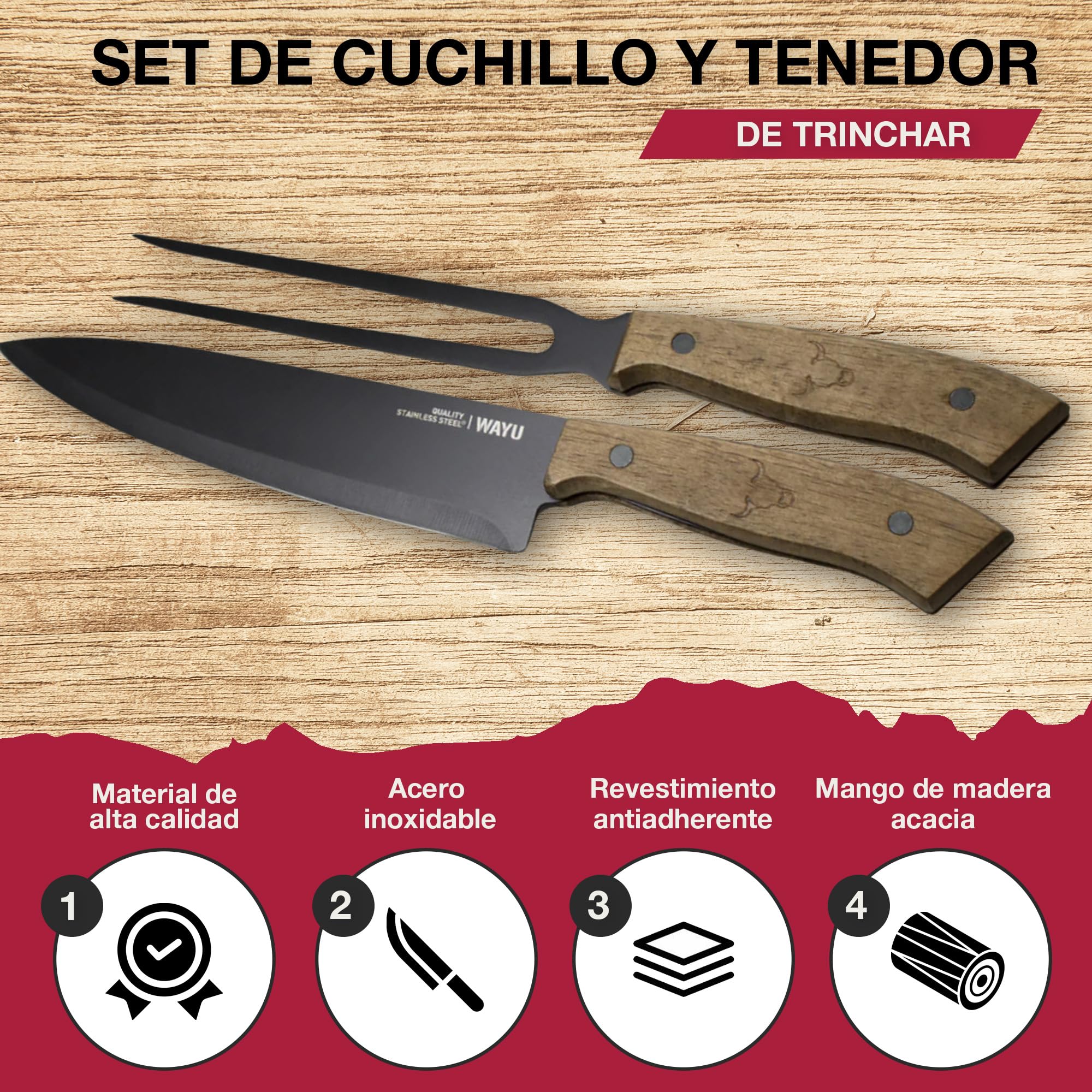 Set Coltello E Forchetta Per Barbecue WAYU - Acciaio Inox Con Manico In Legno, 33,5 Cm - Foto 13