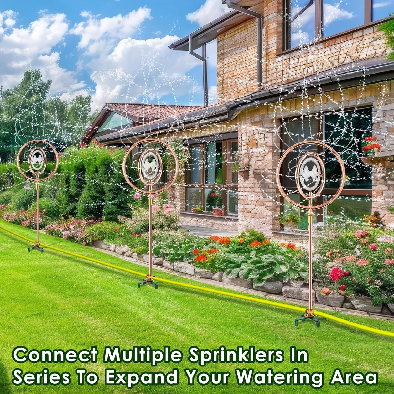 34" H Copper Coated Stainless Steel Ornamental Sprinkler, Corrosion Resistant Garden Rotating Sprinkler 360 Degree Shape Decorative for Lawn Garden Landscape(Double Ring Clear Butterfly)