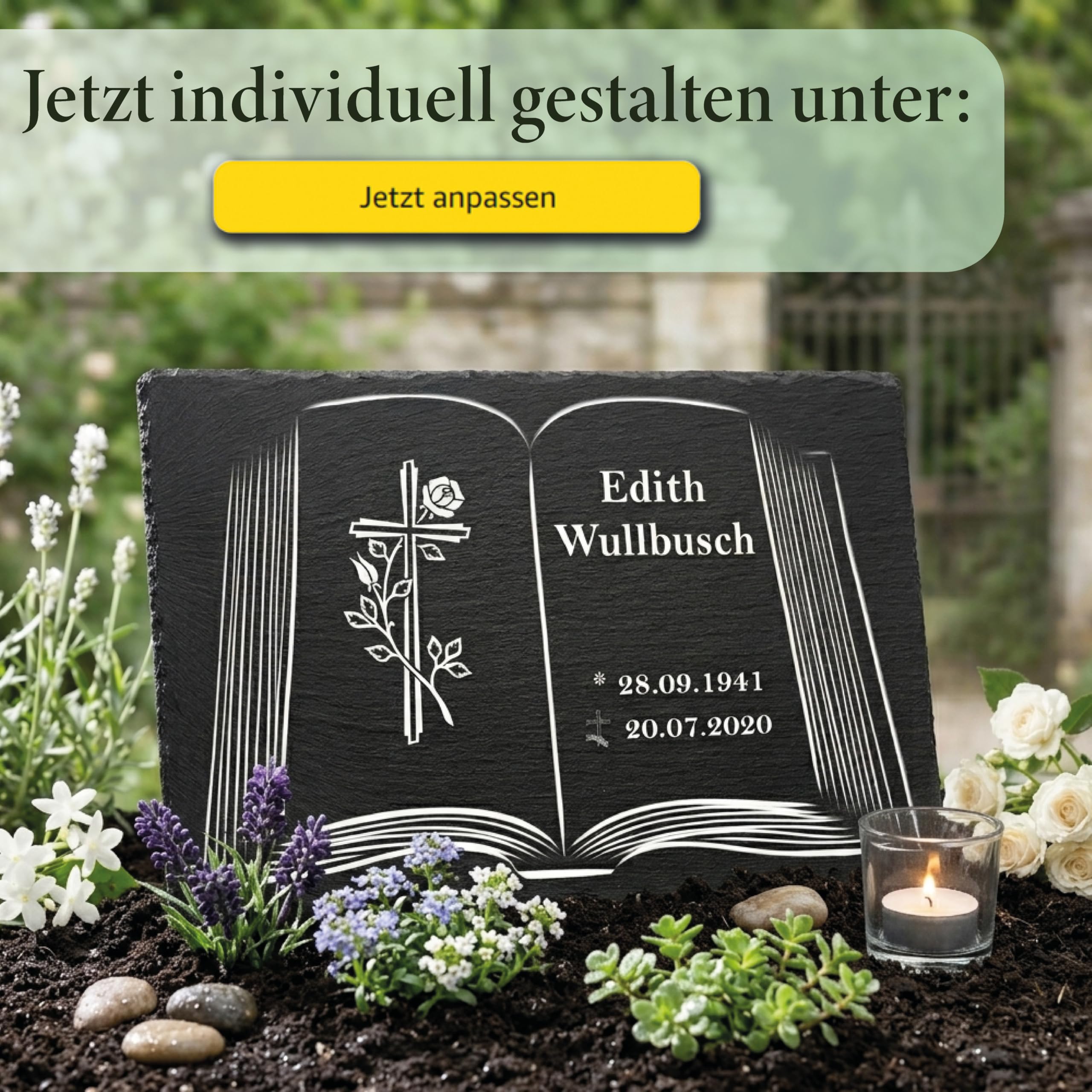 Urnengrabstein Buchmotiv mit Kreuz, Grabstein, Gedenkstein mit personalisierter Lasergravur, Naturschieferstein, 30 x 20cm 100% witterungsbeständig