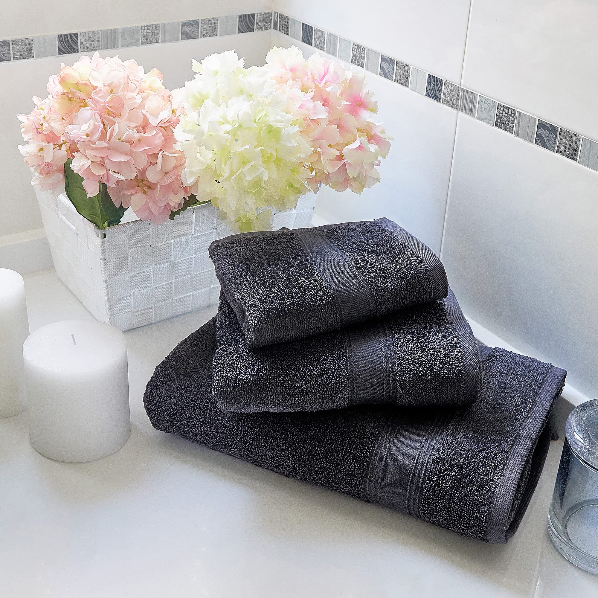 JUEGO DE 6 TOALLAS DE BAÑO: BEIGE Y GRIS: TOALLAS DE CORTESÍA 30X50; DE LAVABO 50X90; DE DUCHA 70X140 CM; 450 GR/M2 100% ALGODÓN