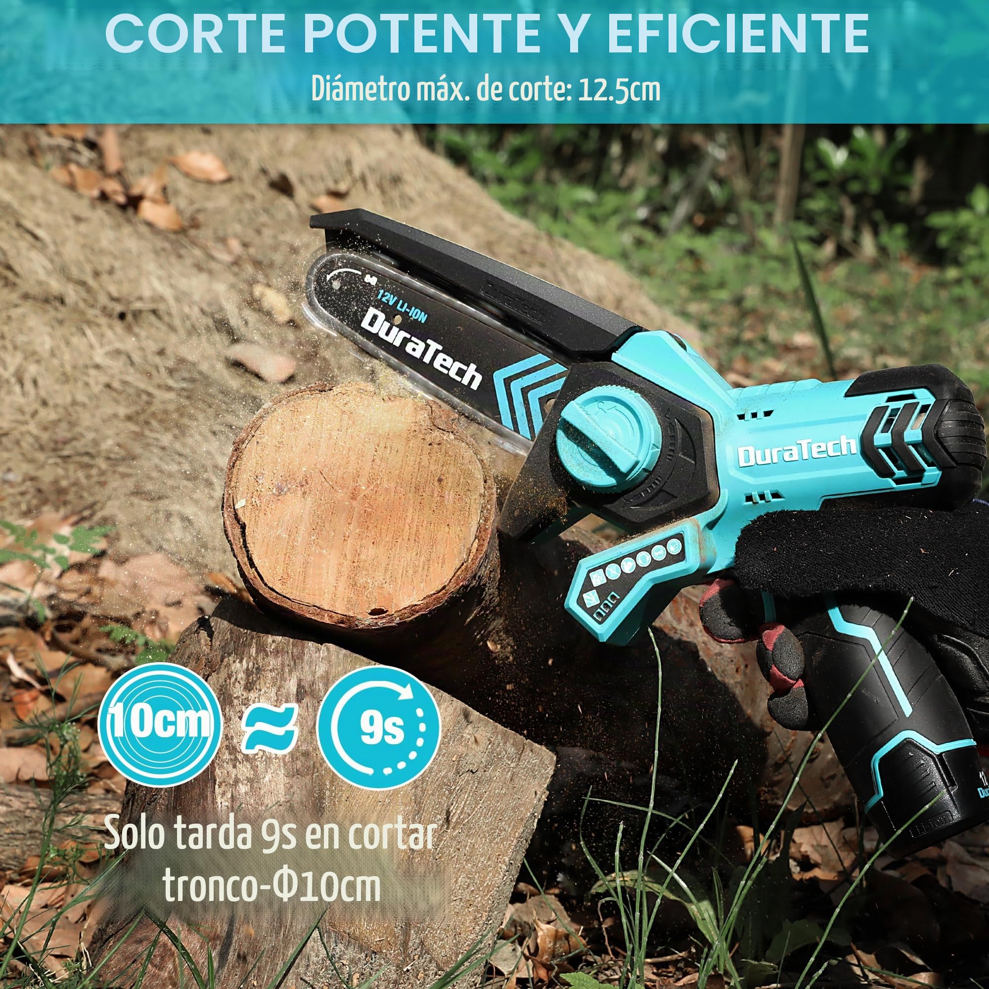 DURATECH Mini Motosierra Inalámbrica 12V con 2 Baterías y Cargador | Motosierra Eléctrica Sin Cable con Bloqueo de Seguridad para Cortar Árboles, Ramas y Arbustos en Jardinería