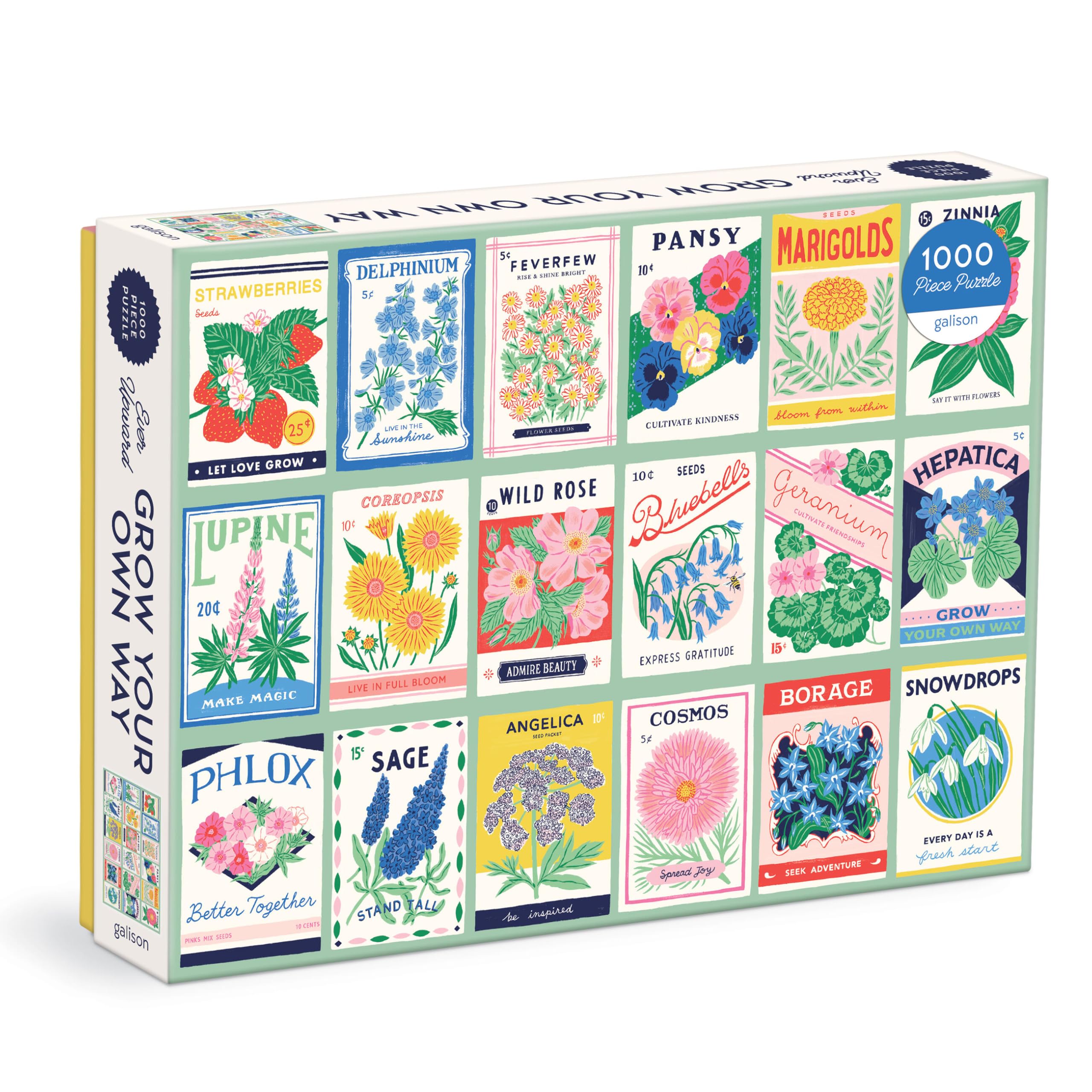 Galison Ever Upward – 1000 Piece Puzzle Fun and Challenging Activity with Bright and Bold Artwork of Vintage Style Flower Seed Packets for Adults and Families