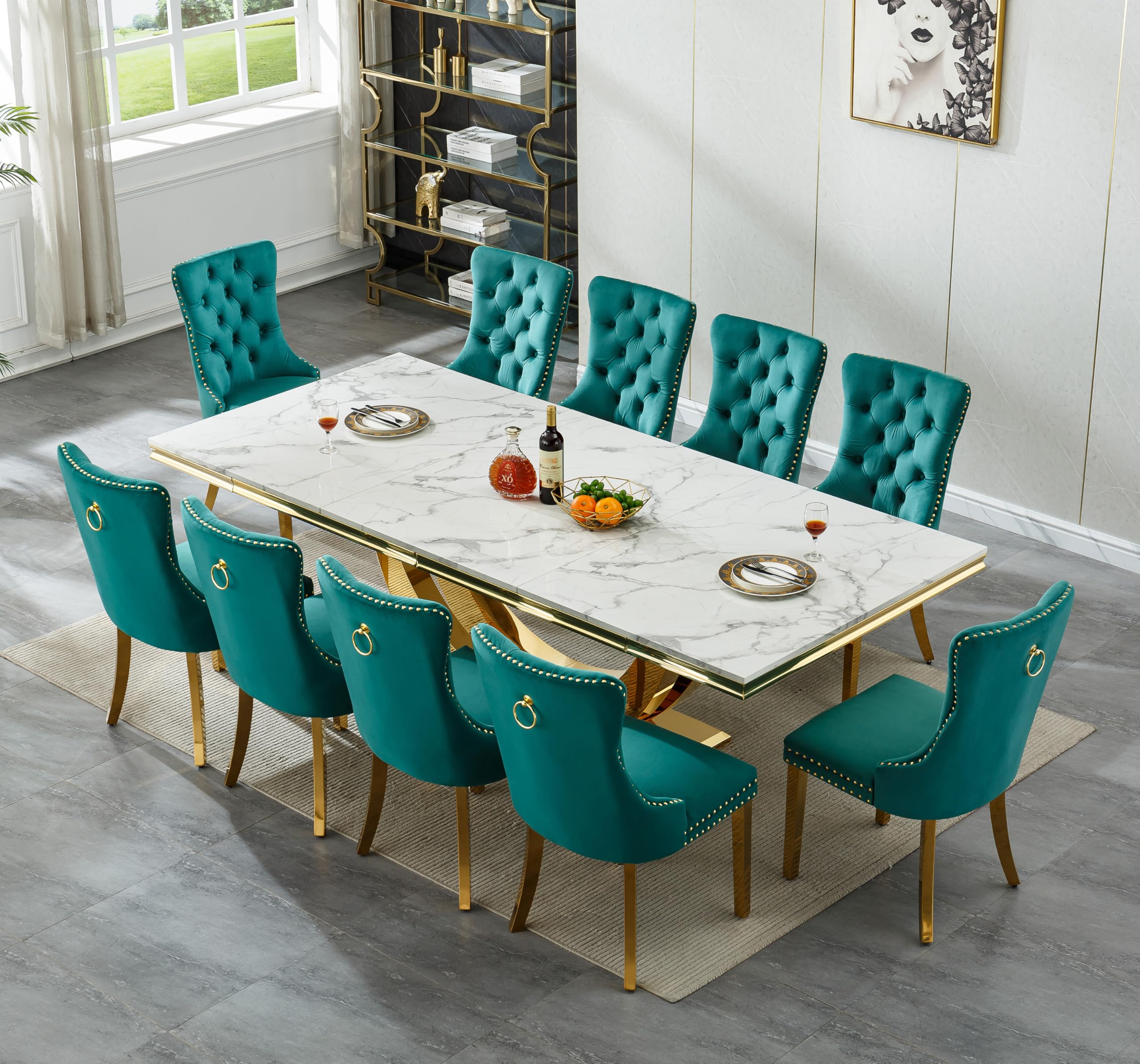 94.5" Large Marble Dining Table Set for 10, Luxury White Gold Kitchen Table with 10 Green Velvet Dining Chairs, Modern Fuax Marble 11-Piece Dining Room Table Set for 10 w/Stainless Steel U-Base