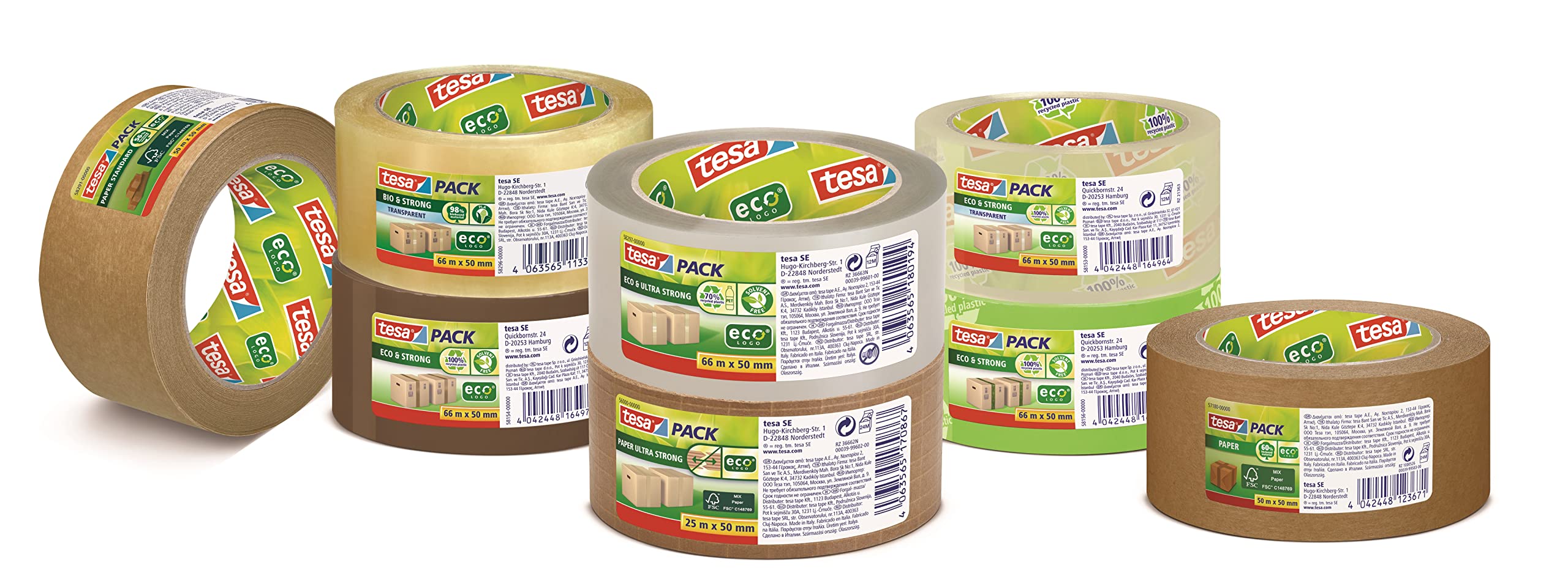 tesa Tesapack Lot de 12 rouleaux de ruban adhésif ultra résistant en fibre de verre, avec adhérence extra forte, fabriqué à partir de matières premières certifiées FSC, 25 m x 50 mm