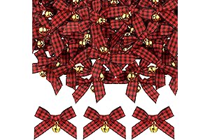 50PCS Xmas Plaid Mini Christmas Bow with Bells