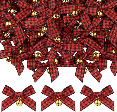 50 Pieces Christmas Bow with Bell Mini Plaid Bows Buffalo Plaid Bow Gingham Bow Xmas Bells for Christmas Tree Crafts Home Decoration DIY Making Ornament (Red and Black)