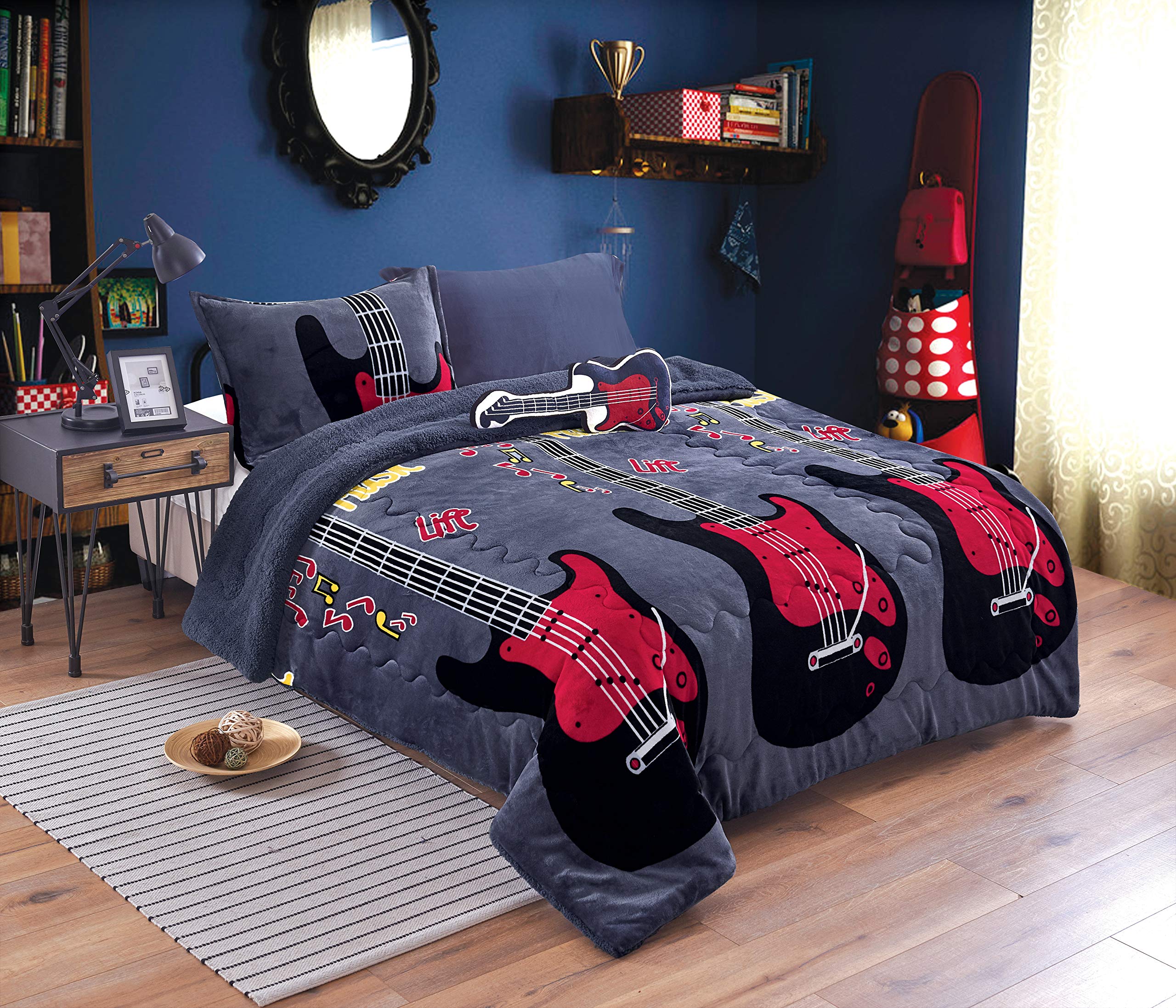 All American Collection New Super Soft and Warm 3 Piece Borrego/Sherpa Blanket with Pillow Sham and Cushion (Twin, Guitar)
