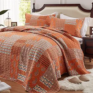 LEAONME Quilt Set Full/Queen Size 3 Piece Bedspread Coverlet Lightweight Comforter Microfiber Bedding Set All Season Oversized 90x98 Inch Bed Cover Paisley Burnt Orange/Rust(1 Quilt,2 Pillow Shams)