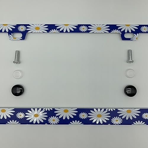Miniatura 3 de Marco de placa de matrícula con diseño de margaritas blancas brillantes en azul, bohemiofloral para automóvil estándar de EE. UU., 2 agujeros, acero