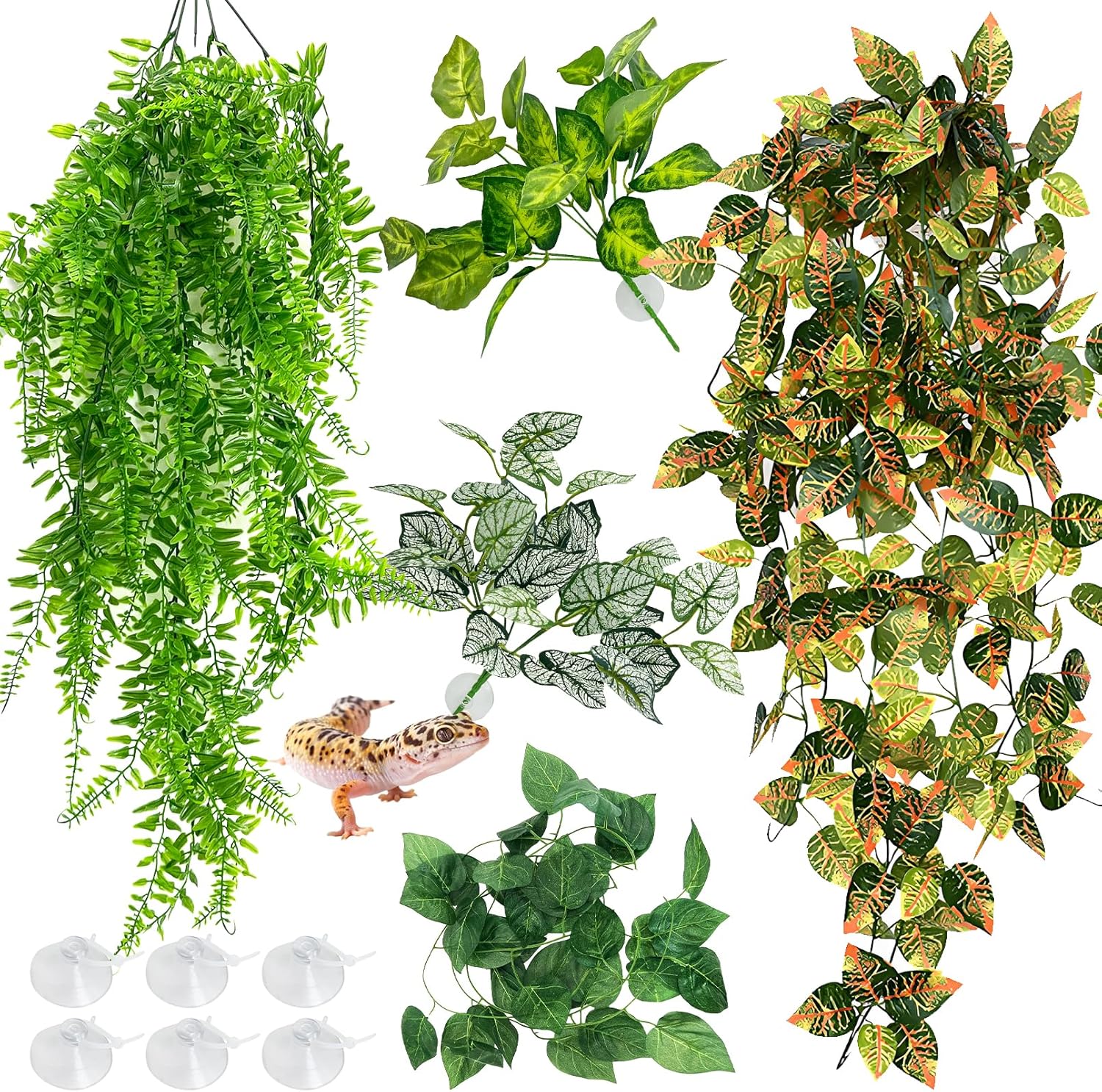 Hamiledyi 5 Pcs Reptile Plants Terrarium Hanging Fake Plant Leaves, Bearded Dragon Tank Accessories, Habitat Decor for Snake Leopard Gecko Lizard Chameleon Spider Turtle (Style 3)