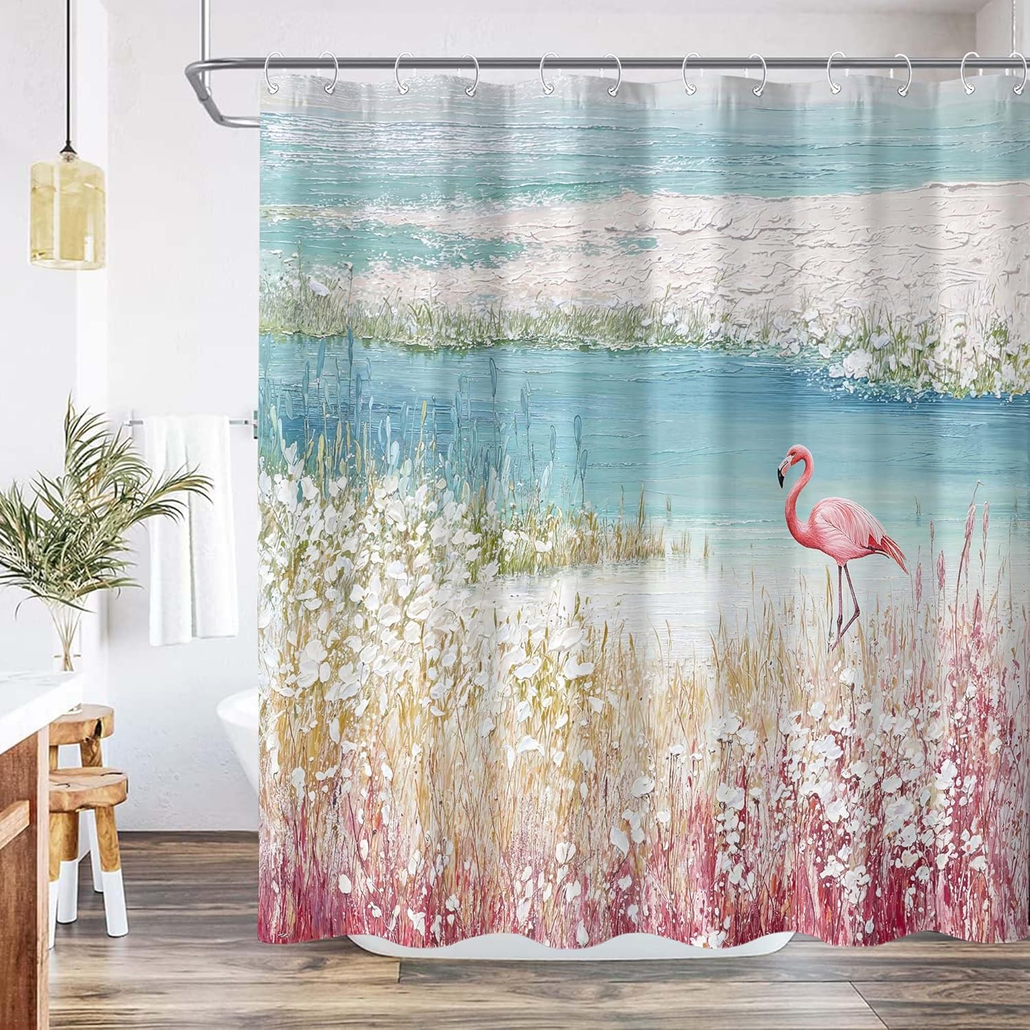 Rexful Flamingo Shower Curtain Sets Watercolour Style Wetland Shower Curtains for Bathroom Pink Summertime Flowers Tropical Beach Decor Waterproof Fabric 72 x 72 inch with 12 Hooks (Red)