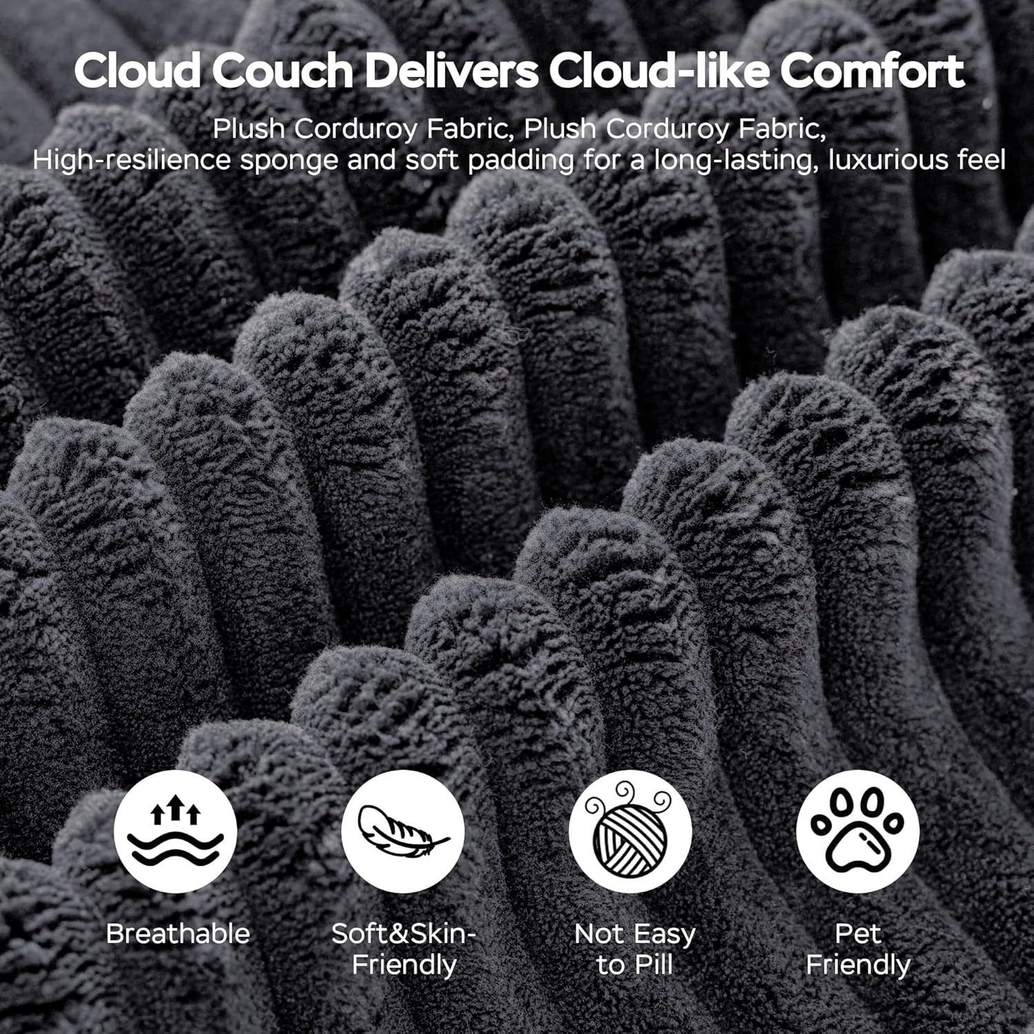 67" Oversized Chaise Lounge Chair, Cloud Couch, Corduroy Couch with Removable Pillows & Side Pockets, No Assembly Required, Sofa Bed with Armrests, Boneless Couches for Living Room, Gray