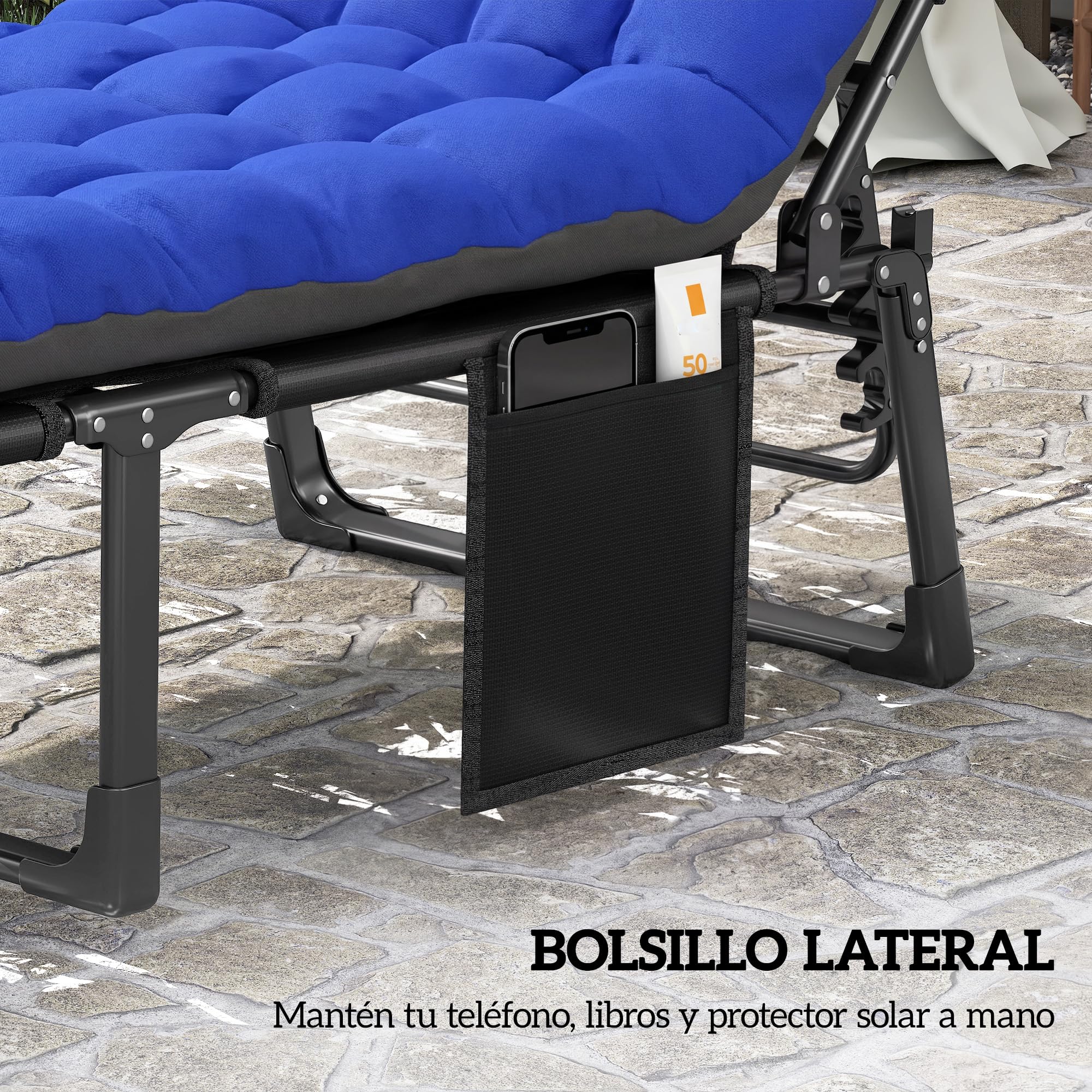Outsunny Set de 2 Tumbonas Jardín Exterior Plegables Cojines Azul | Respaldo Reclinable 5 Posiciones, Asiento Extra Ancho de Textilene, Bolsillo Lateral, Reposacabezas, para Playa