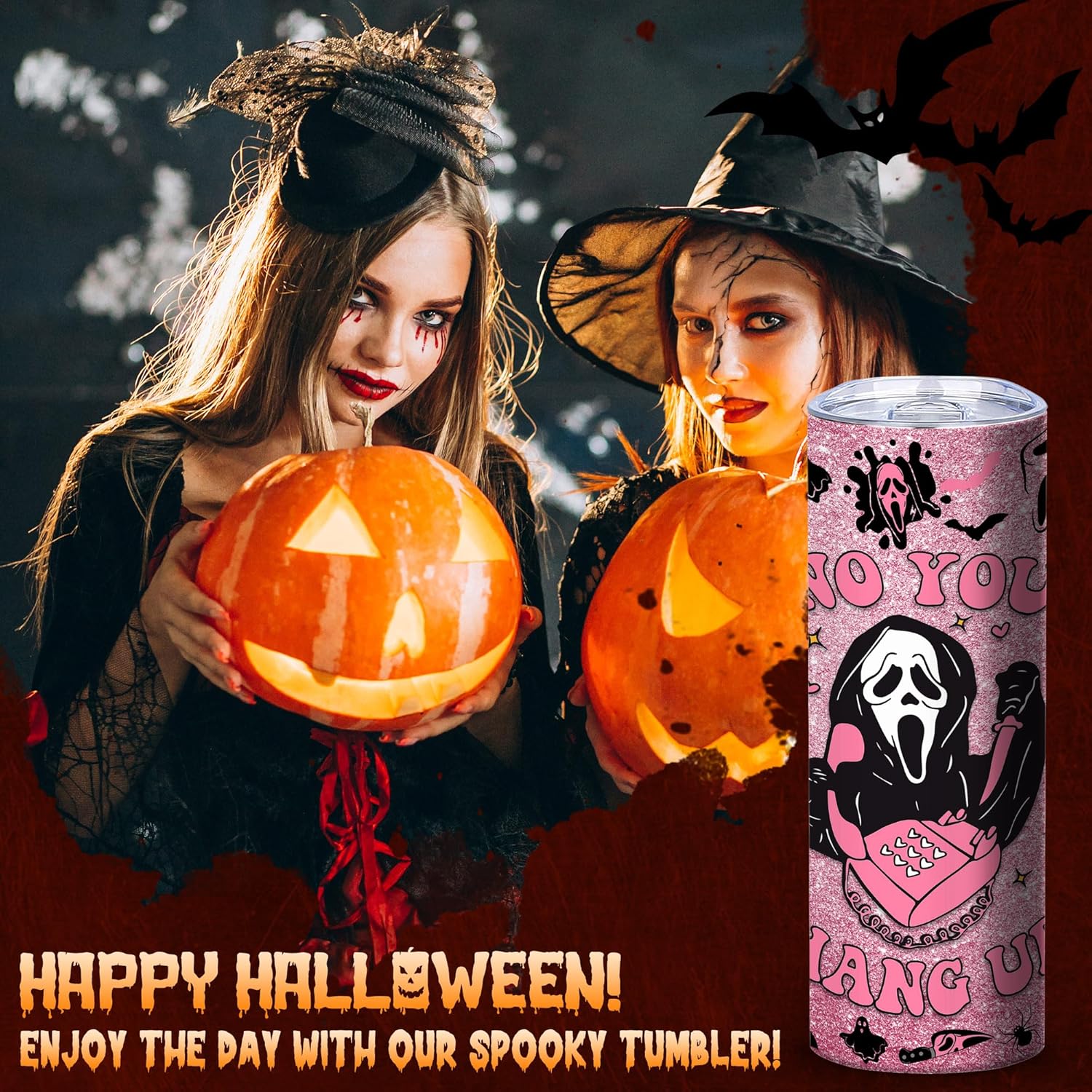Pink Spooky Cute 20oz Skinny Tumbler, Halloween Horror Aesthetic Stainless Steel Travel Mug with Lid, Insulated Coffee Cup Gift for Women Teens - Image 4