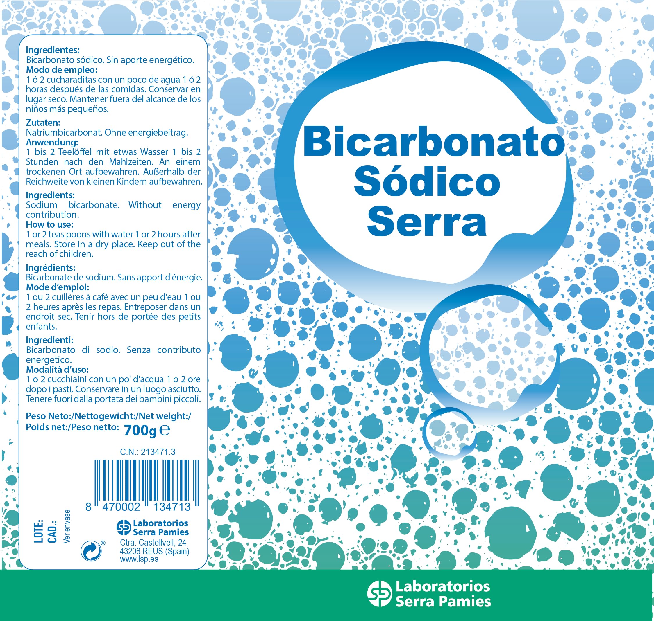Bicarbonato de sodio alimenticio 700 gramos Serra puro 100% Natural