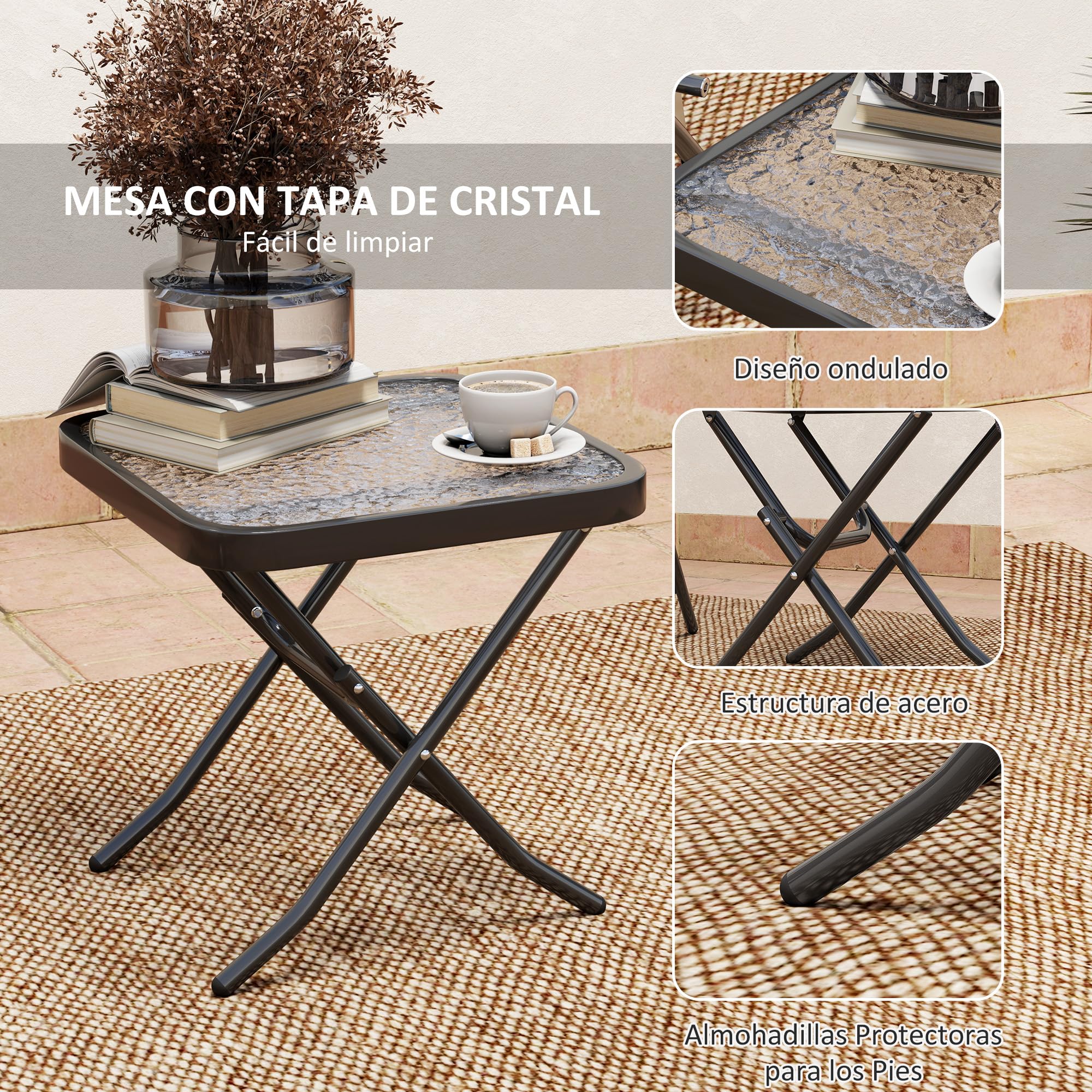Outsunny Conjunto de Mesa y Sillas de Terraza Exterior de 3 Piezas Muebles de Jardín Exterior Plegables con Respaldo Regulable Tablero de Vidrio y Estructura de Acero Negro