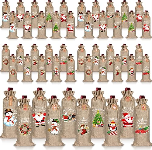 Windyun 50 bolsas de regalo de vino de arpillera de Navidad, búfalo de Navidad a cuadros y color sólido, bolsas para botellas de vino con etiquetas