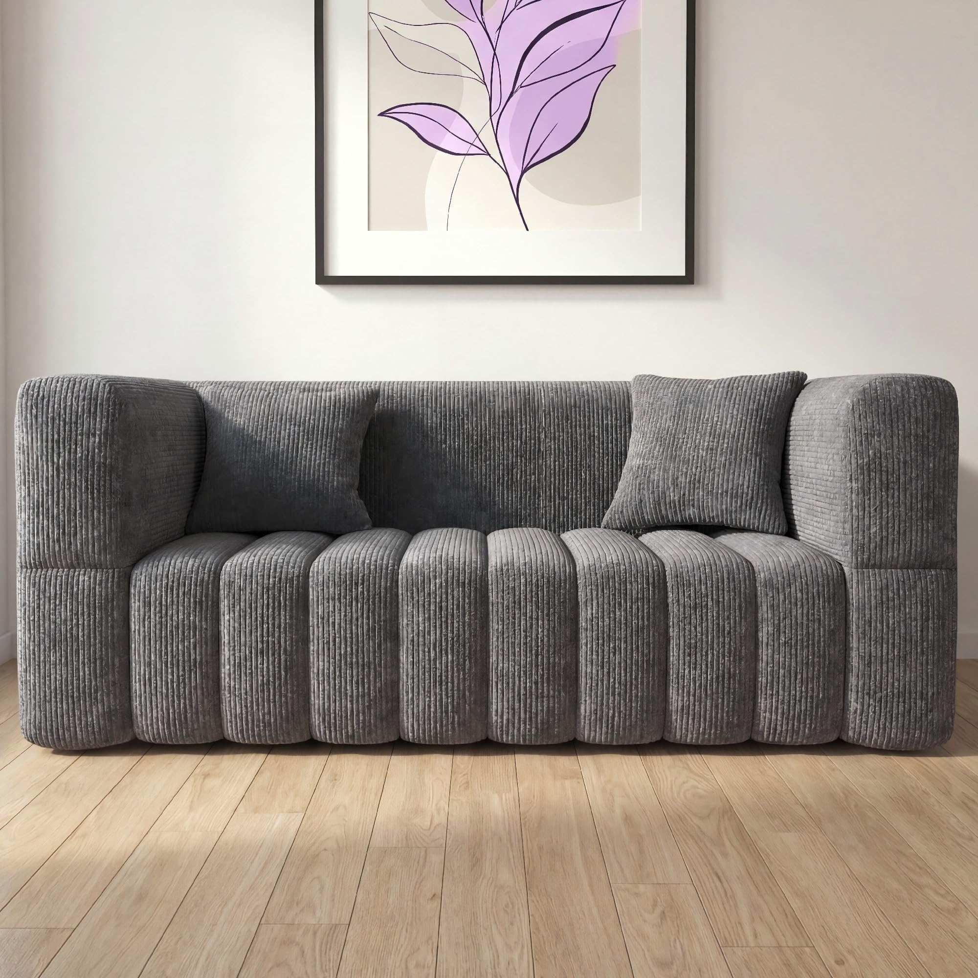 RUMMY 2-Sitzer Sofa aus Cord, kompaktes Bodensofa mit weicher Schaumstoffpolsterung, rahmenlose Couch für Wohnzimmer, Schlafzimmer und Wohnung, Grau
