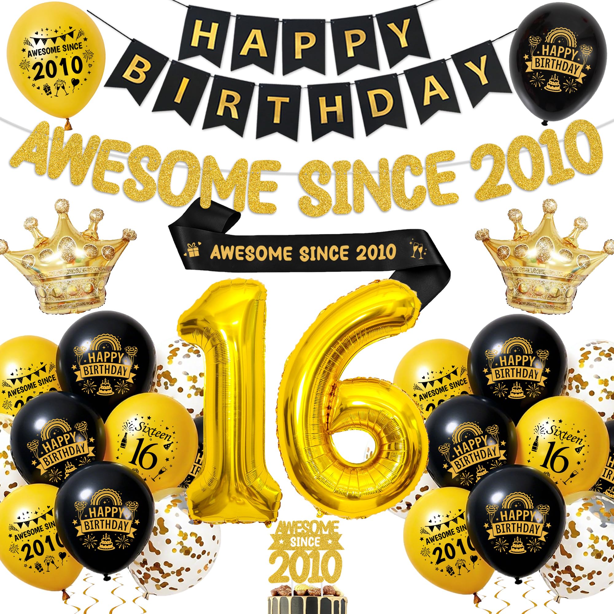 16th Birthday Decorations Black Gold, Party Supplies for Boys and Girls