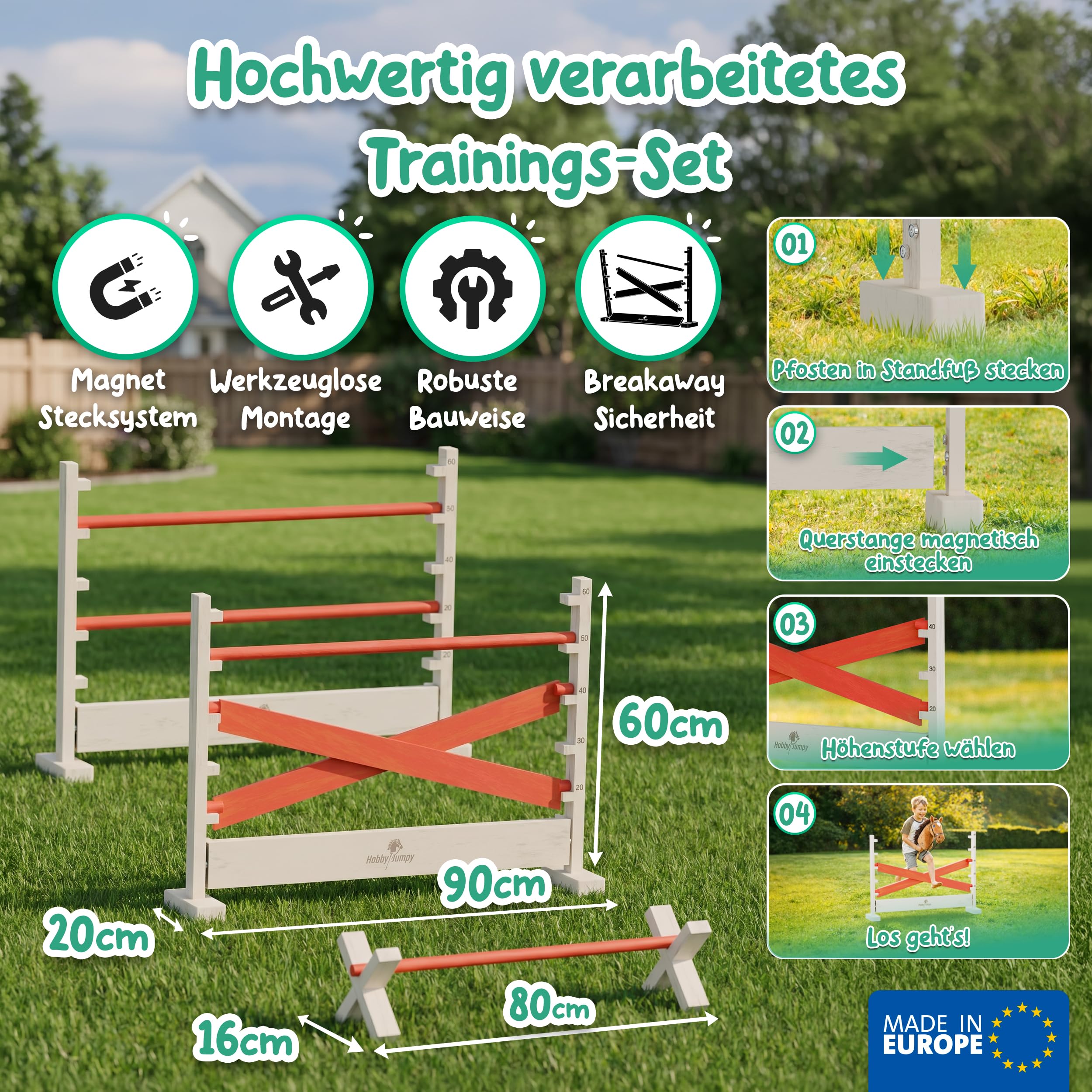 Hobby Horse Hindernisse Set höhenverstellbar – Magnet-Stecksystem massives Holz/Hobby Horsing/Hürden & Cavaletti für Kinder 3er-Set farbig