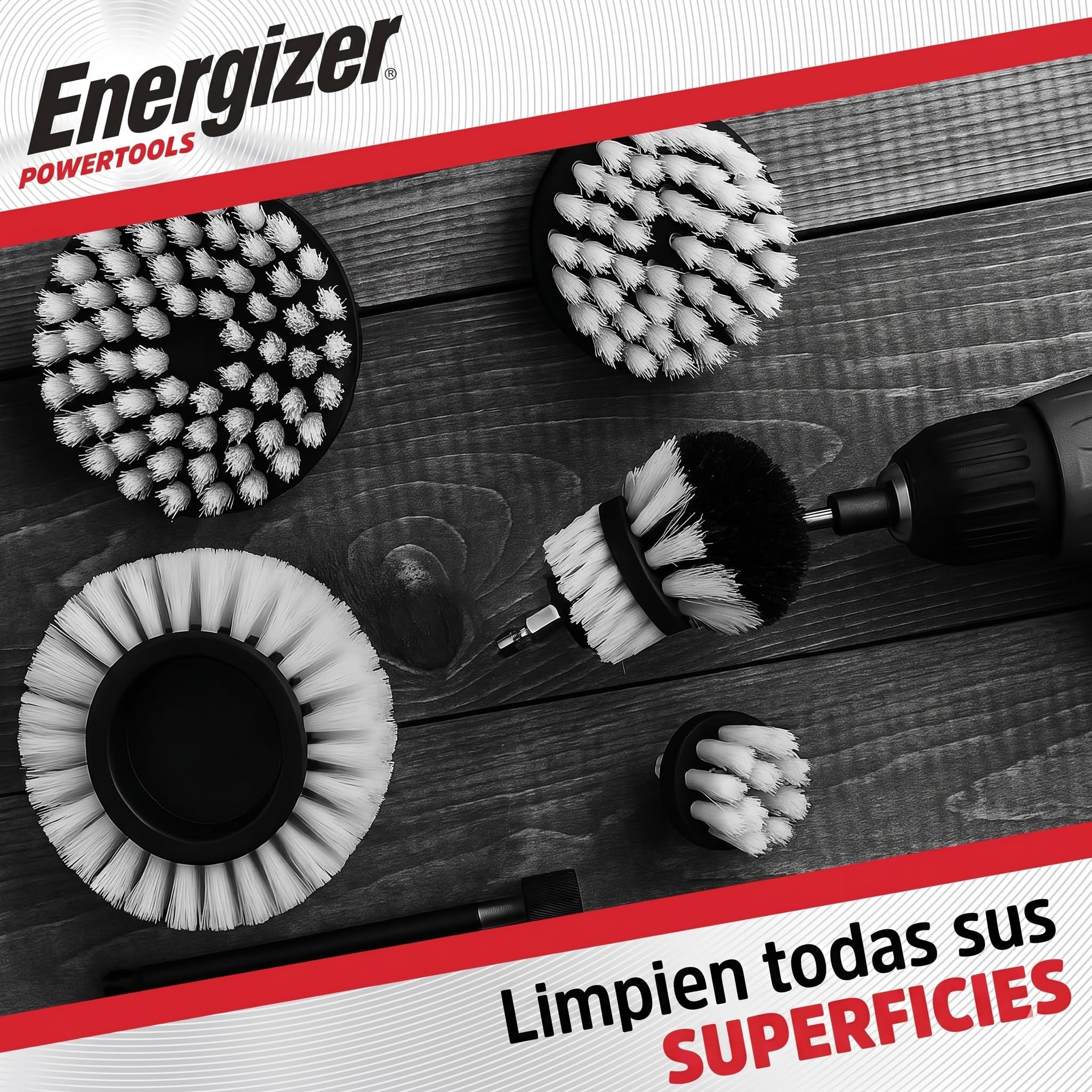 Energizer – Set de Cepillo de Limpieza Perforadora de 6 Piezas, Cepillo de Taladro, Limpieza, Llantas, baldosas, alfombras, bañera, Cocina, Inodoro, Suelo – alargador práctico Incluido